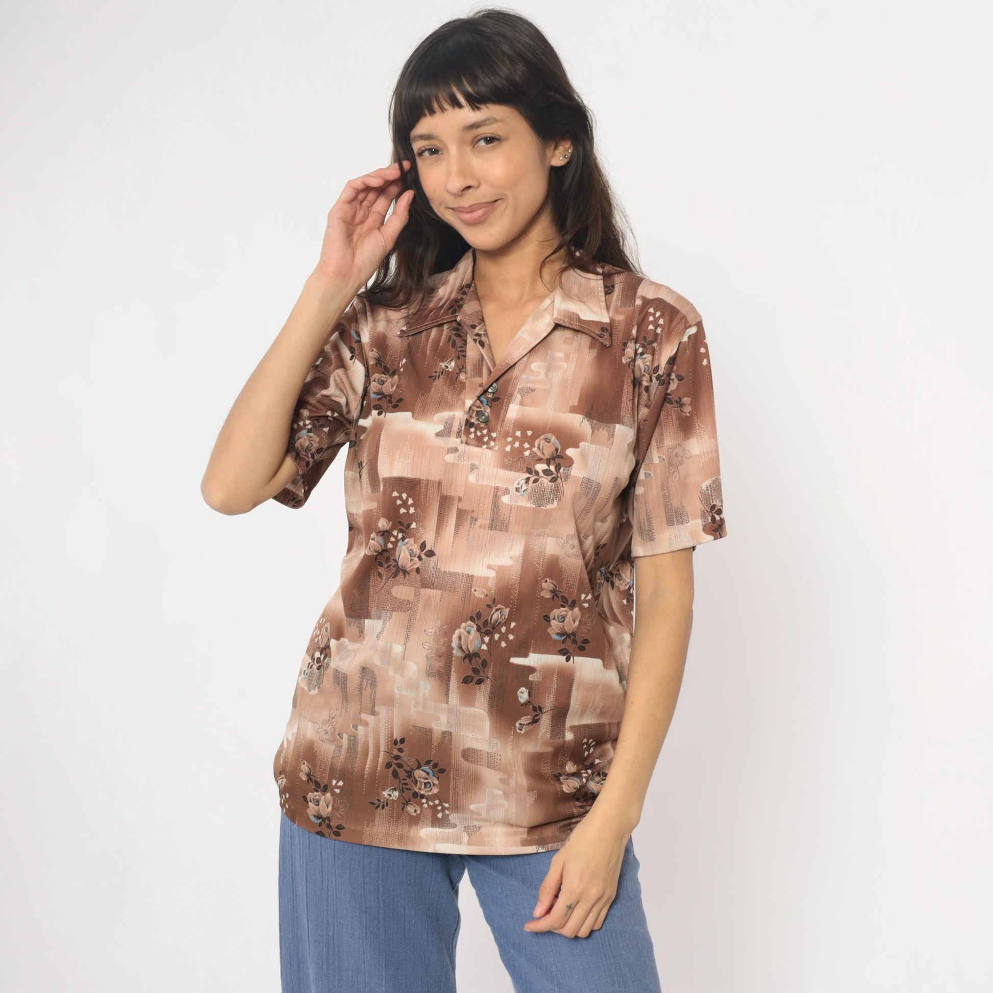 70s Stuart Mann Floral Button-Up Blouse Brown Tan Roses Geometric Medium M