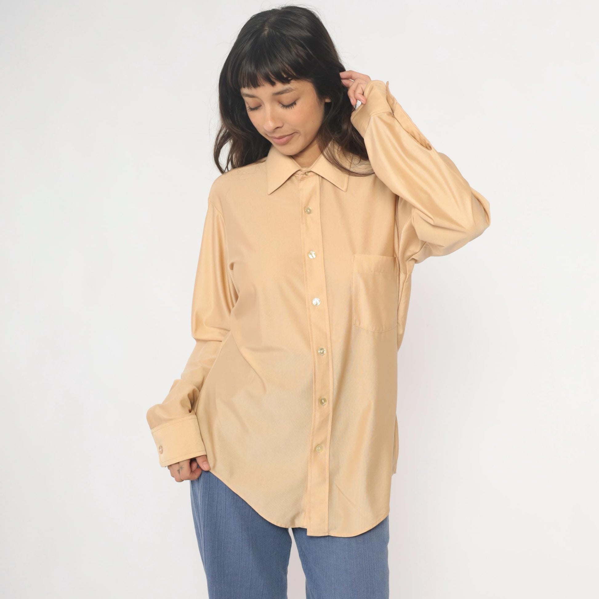 70s Arrow Kent Cream Nylon Button-Up Blouse Pointed Collar Long Sleeve Large
