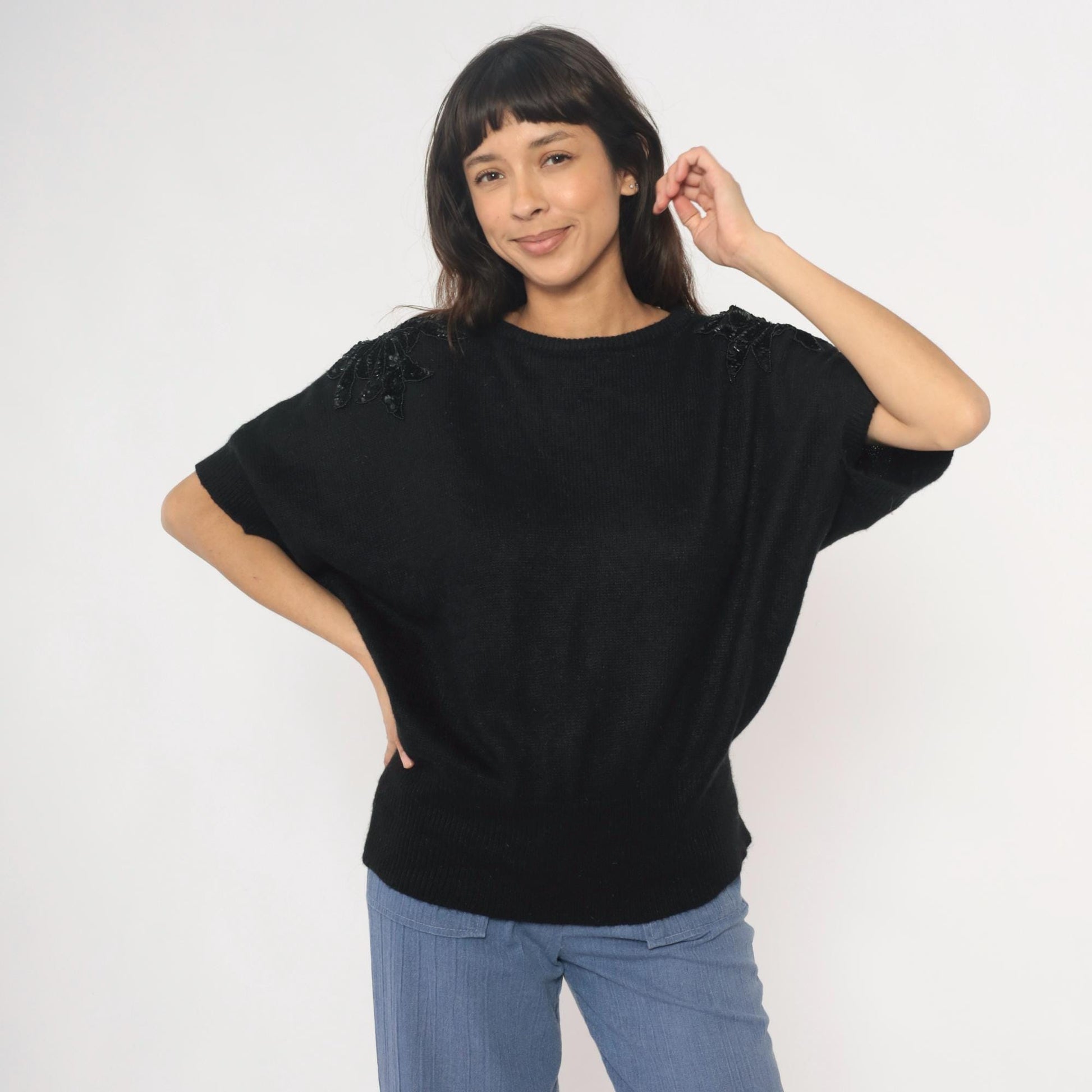 90s Justin B Jones Black Sequin Shoulder Knit Sweater Medium M