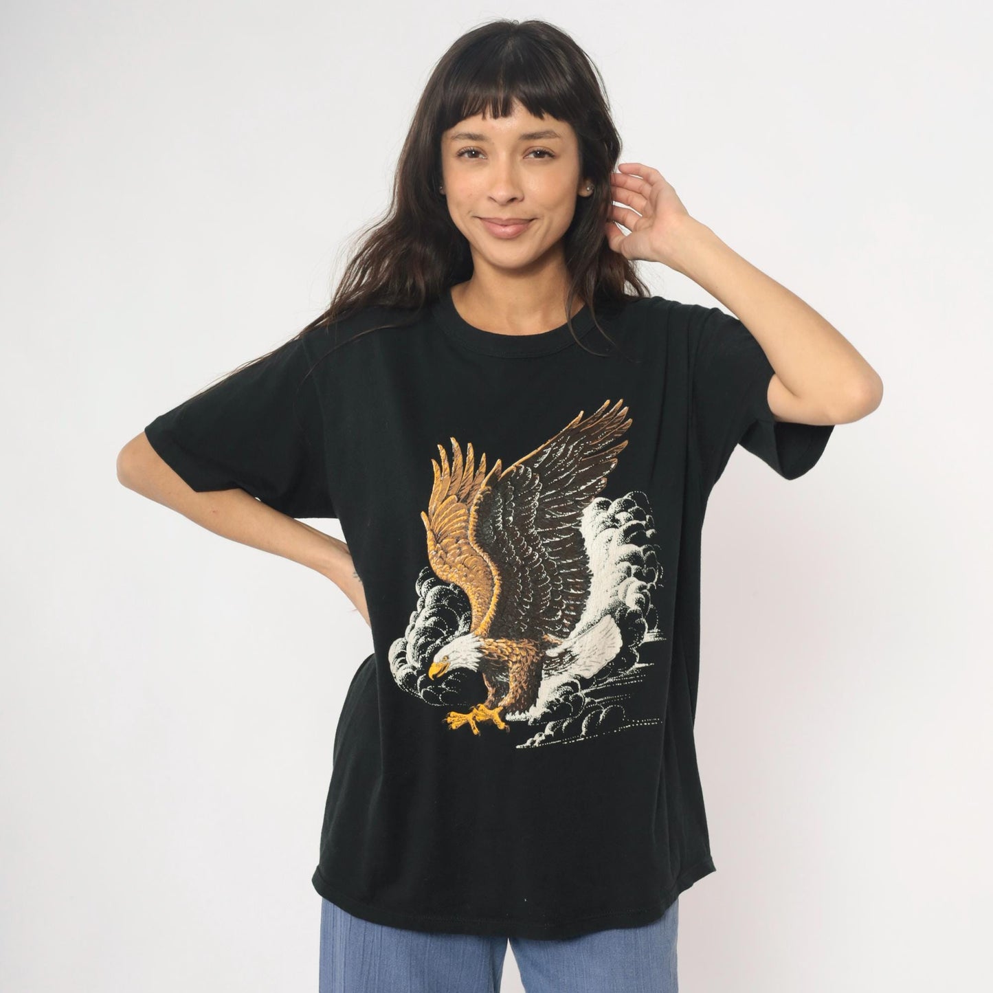 90s Bald Eagle Graphic T-Shirt Black Cotton Tee Large L