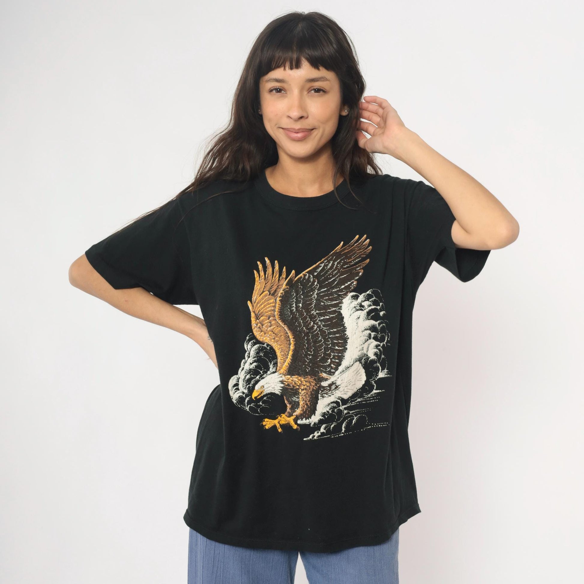 90s Bald Eagle Graphic T-Shirt Black Cotton Tee Large L
