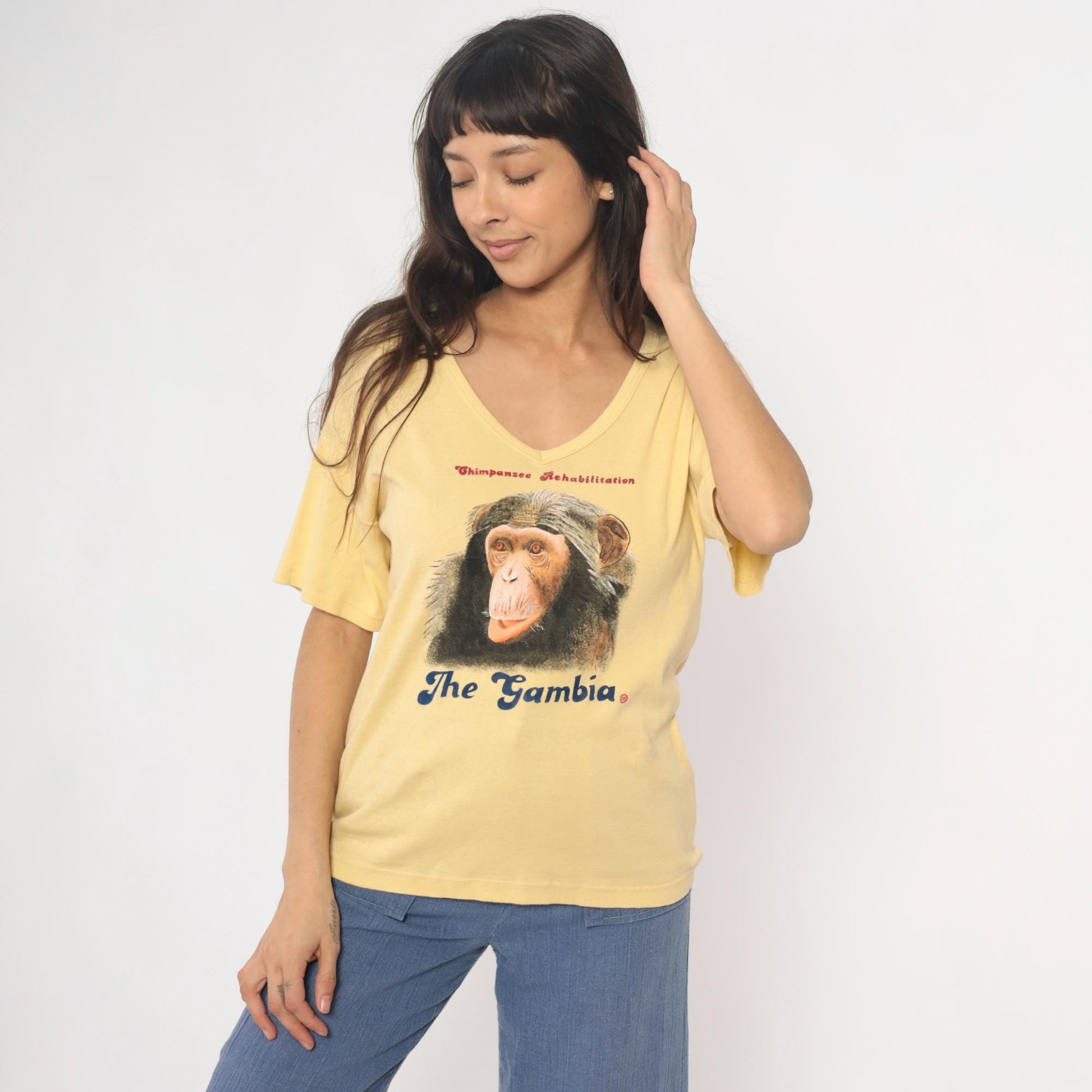 80s Chimpanzee Rehabilitation The Gambia Yellow Cotton V-Neck Tee Large L