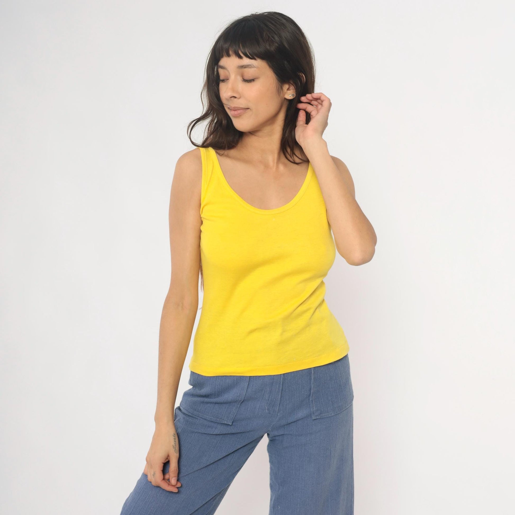 80s Yellow Scoop Neck Tank Top Fitted Cotton Blend Medium M