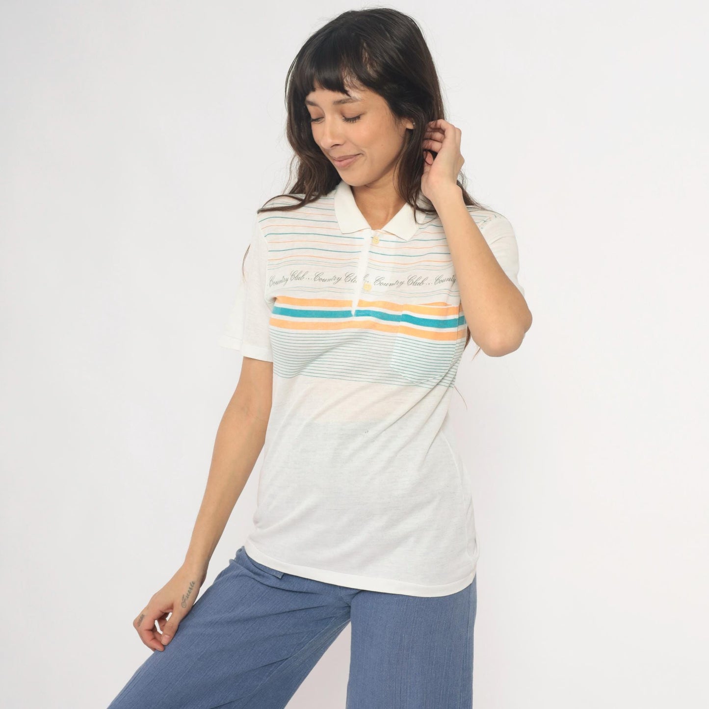 80s Country Club Polo Shirt Striped Cream Teal Peach Small