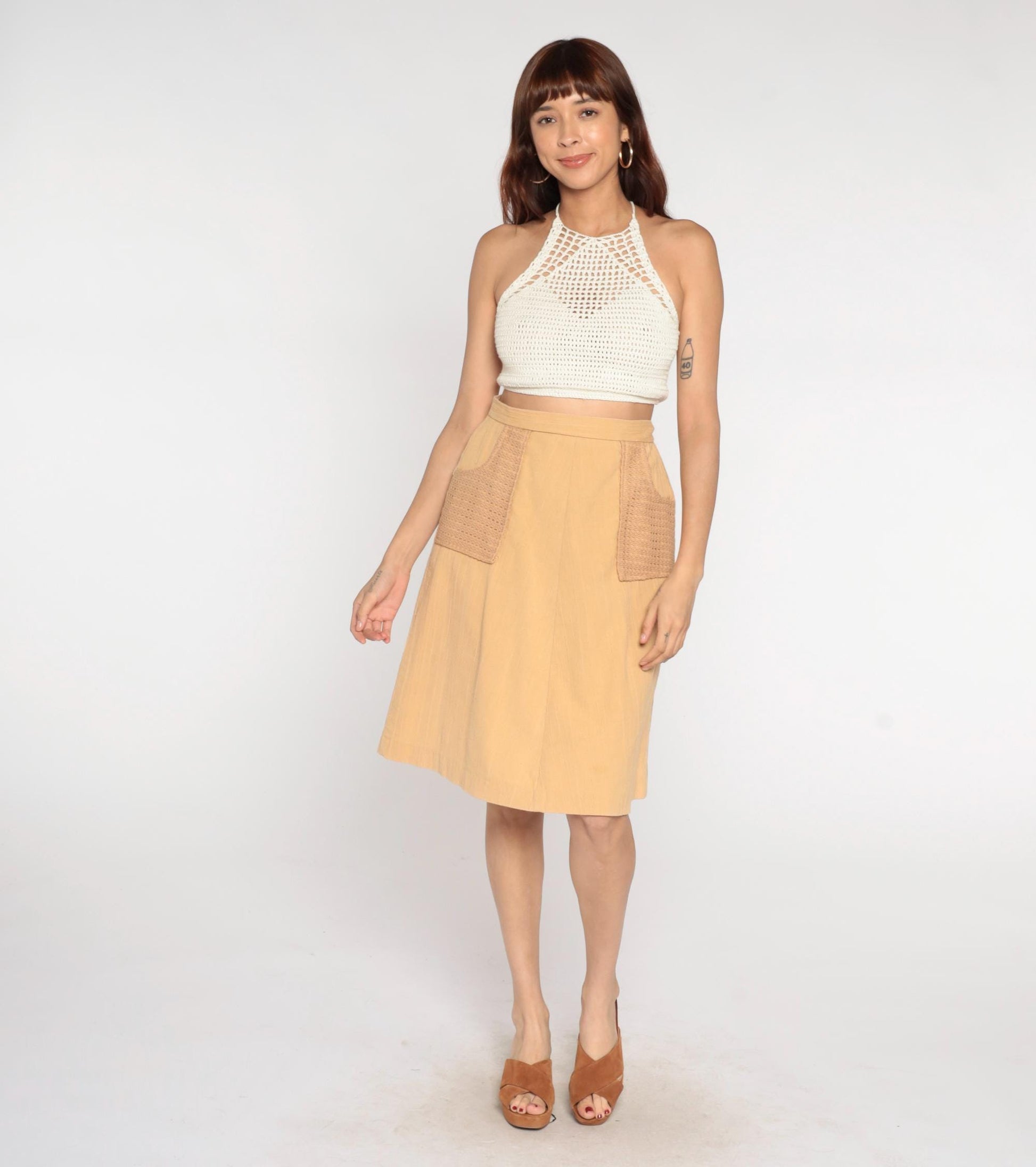70s Beige A-Line Mini Skirt Crochet Pocket Cotton Linen Medium M