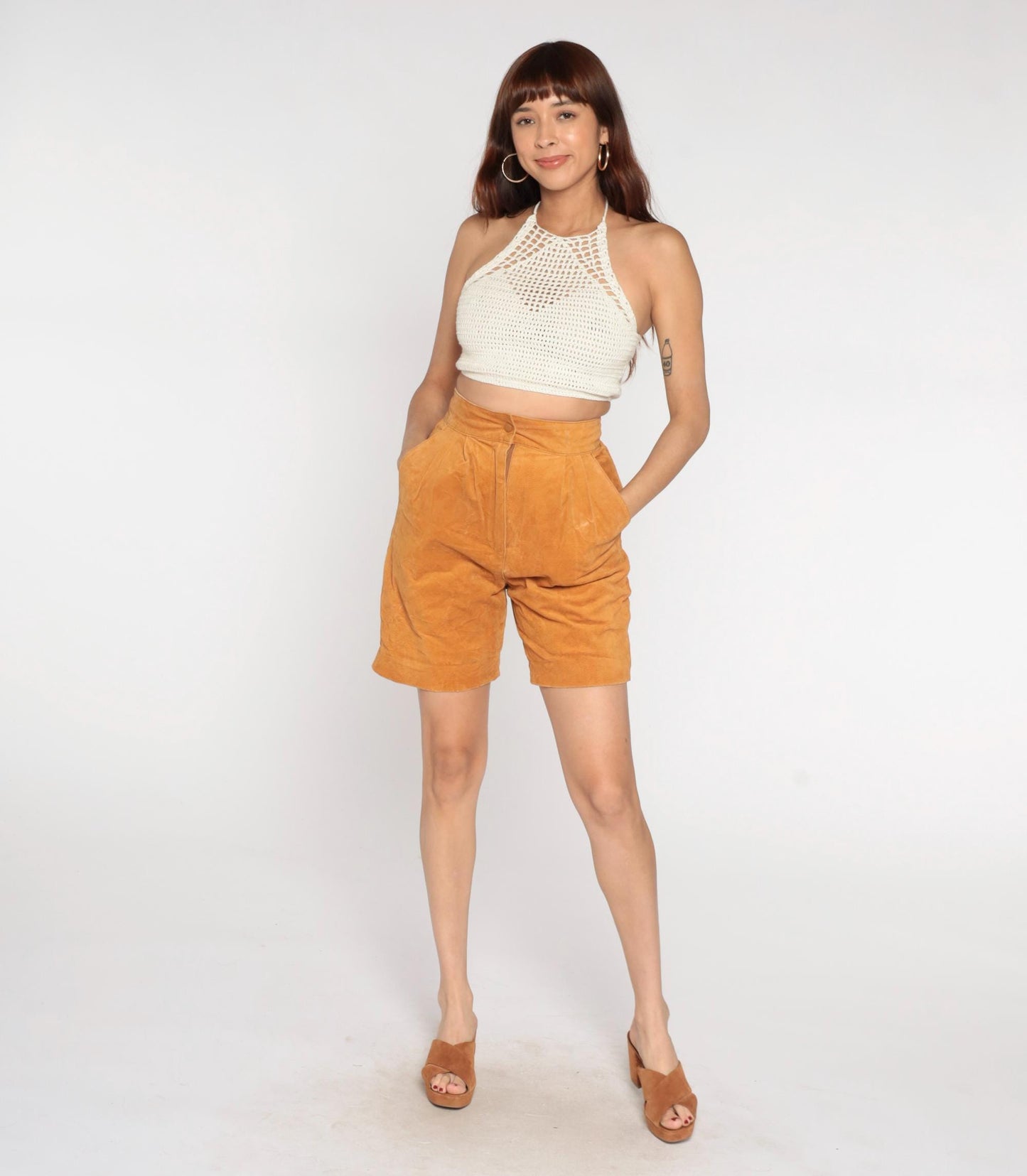 90s Chia Leather Shorts High Waisted Tan Bermuda Pleated Medium