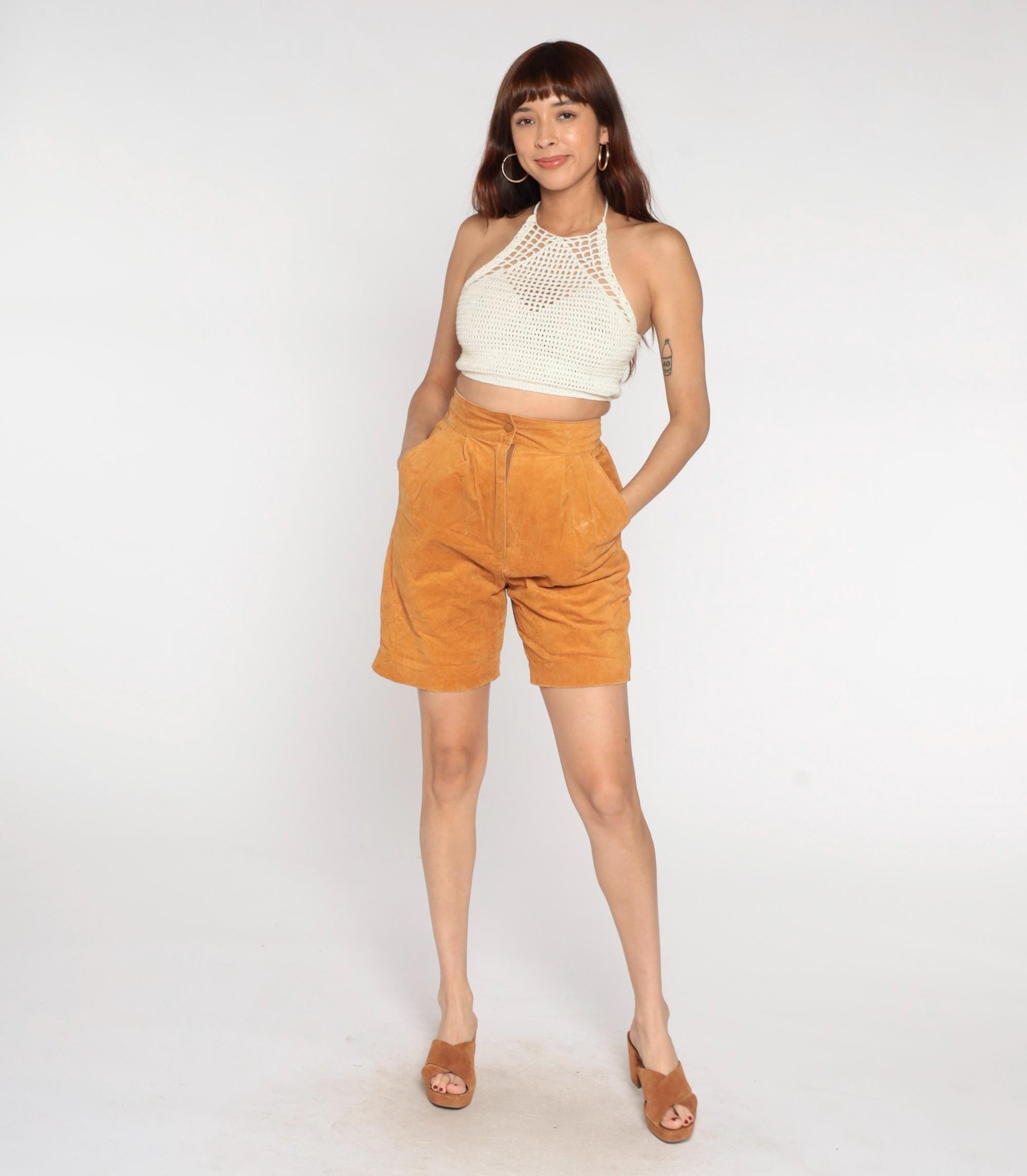 90s Chia Leather Shorts High Waisted Tan Bermuda Pleated Medium