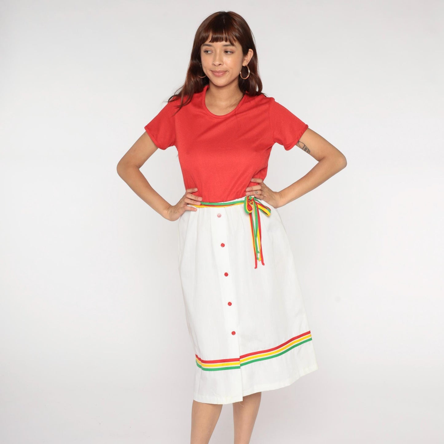 80s Star Shine Colorblock Dress Coral White Rainbow Stripe Belt Large