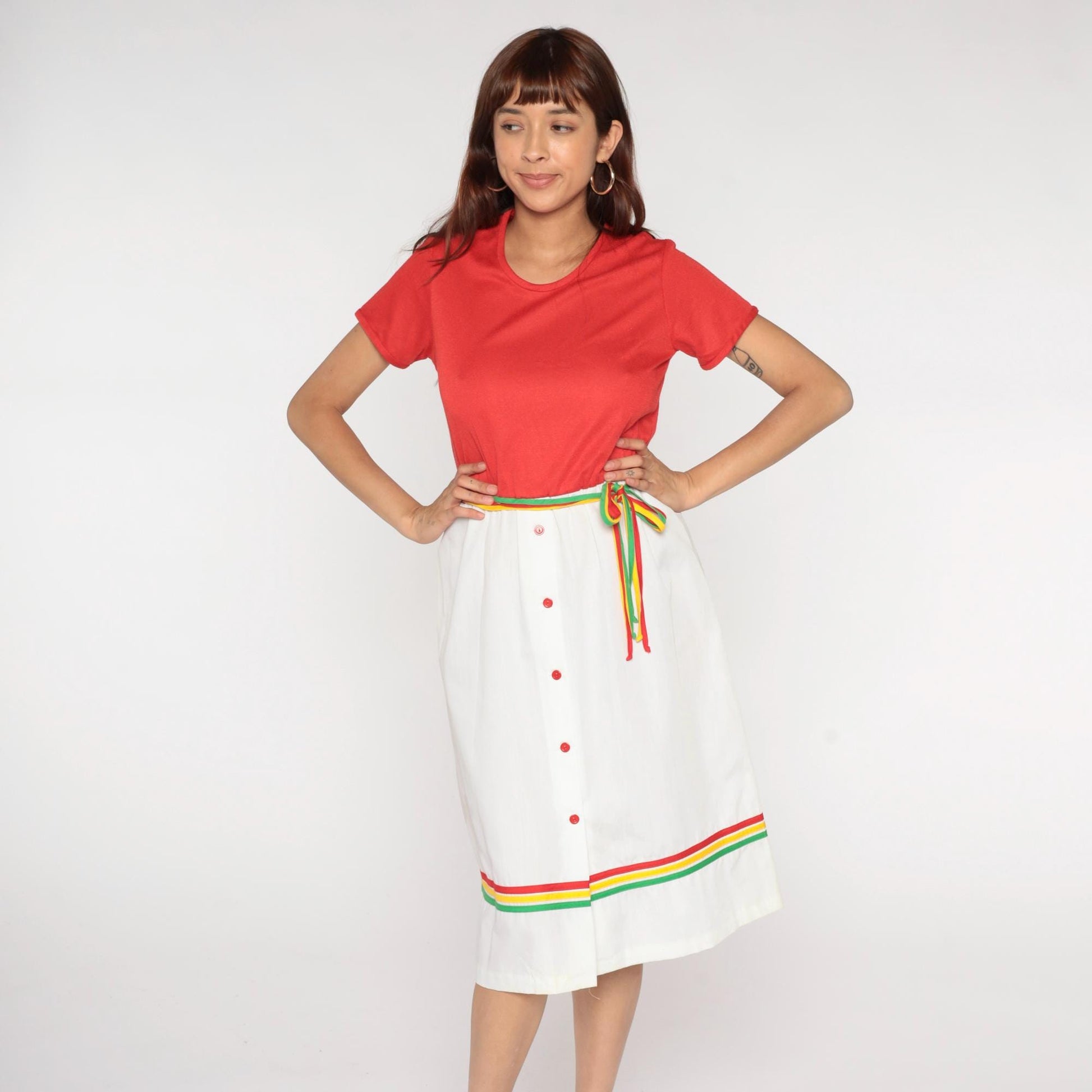 80s Star Shine Colorblock Dress Coral White Rainbow Stripe Belt Large