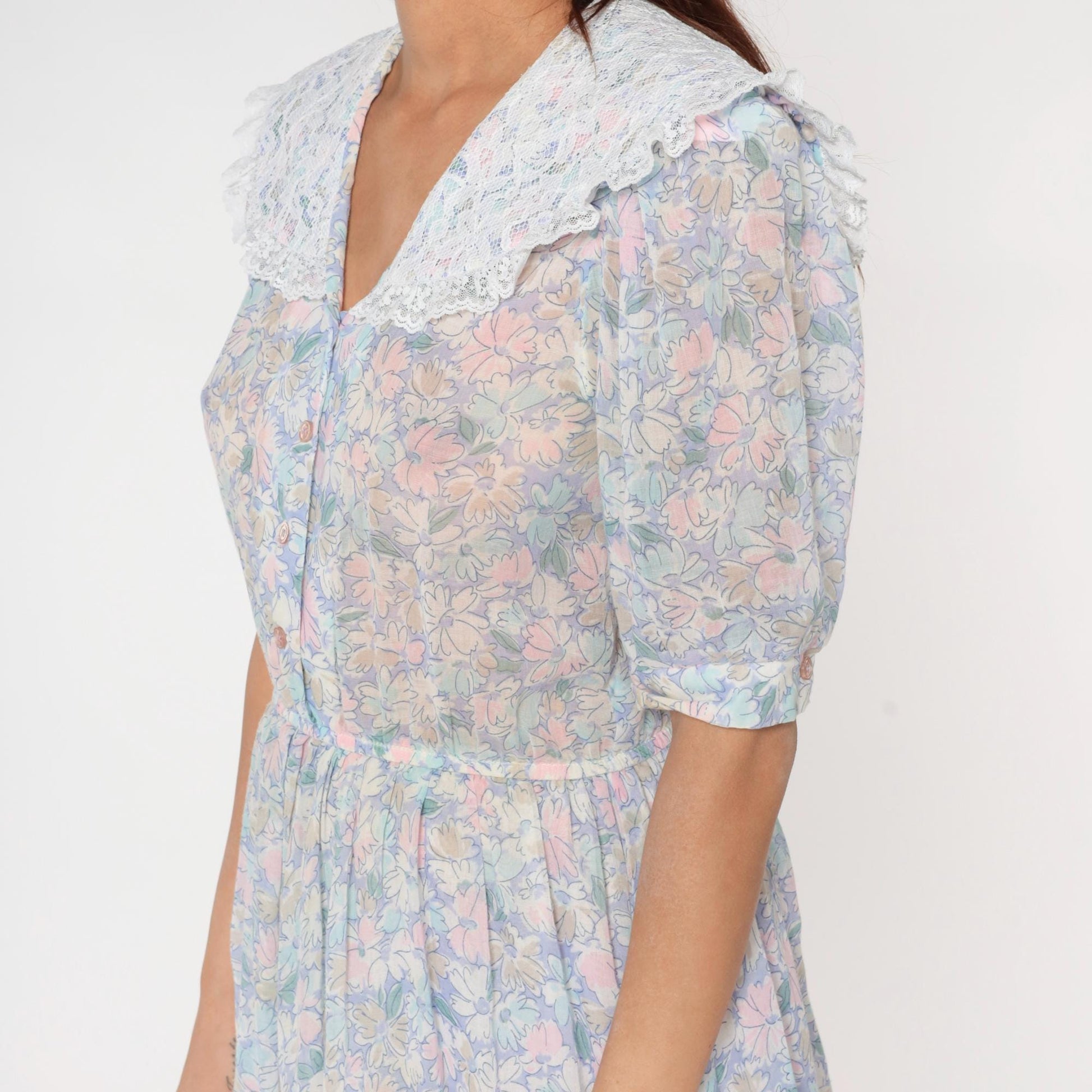 80s Act 1 Floral Midi Dress White Lace Collar Puff Sleeve Small