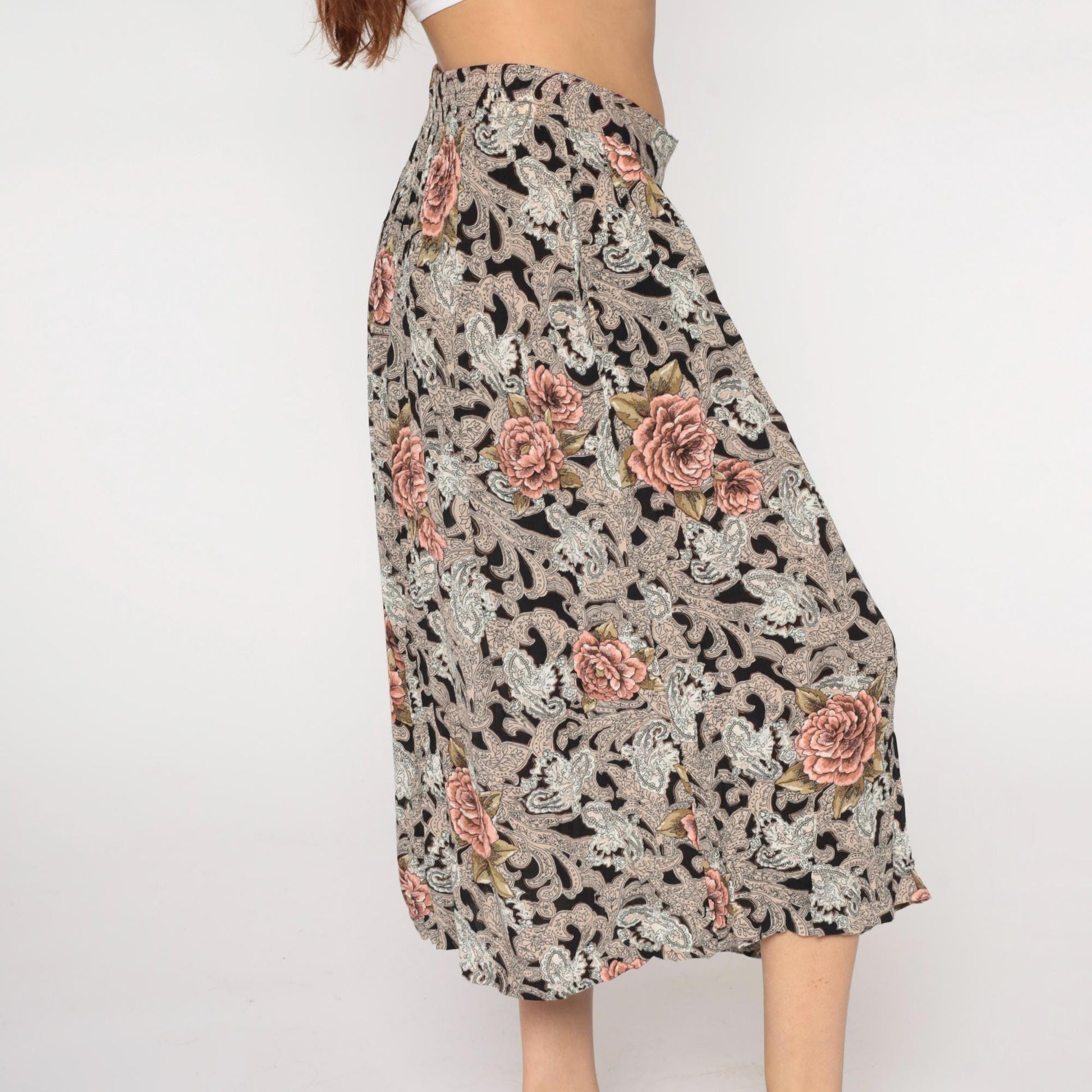 90s Melrose Floral Paisley Midi Skirt Black Pink Elastic Waist Large
