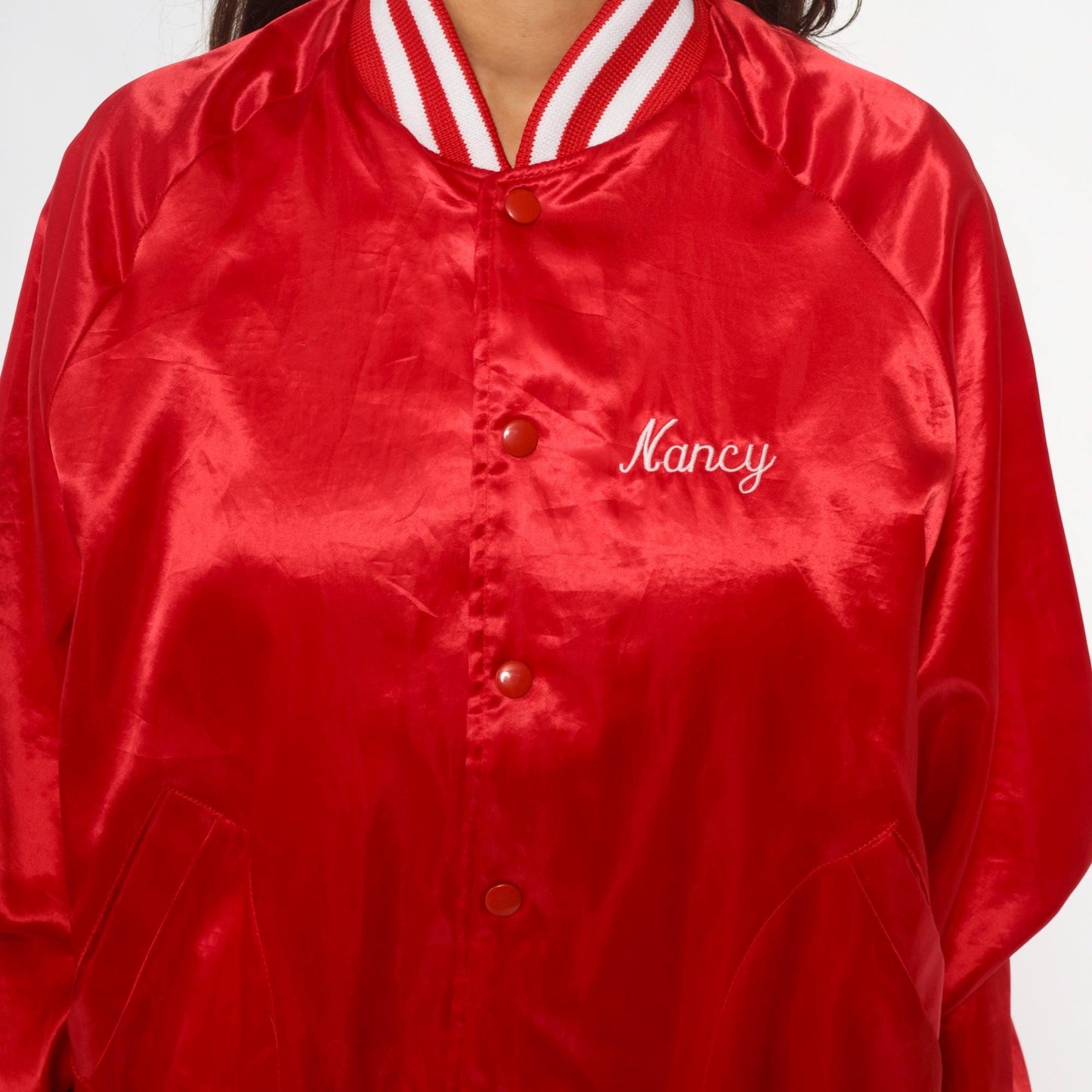 90s Red Satin Bomber Jacket Embroidered Salem Farms Campground Connecticut Large