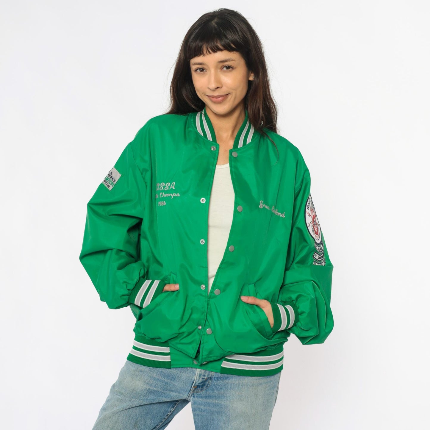 80s Green Varsity Bomber Jacket Embroidered Patches Snap Front Extra Large XL