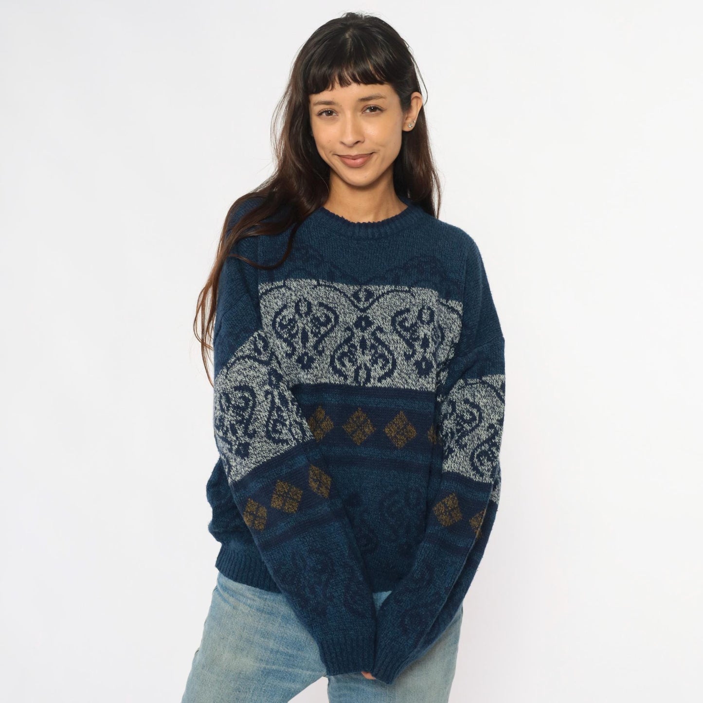 90s Fair Isle Sweater Navy White Gold Geometric Knit Crewneck Large L