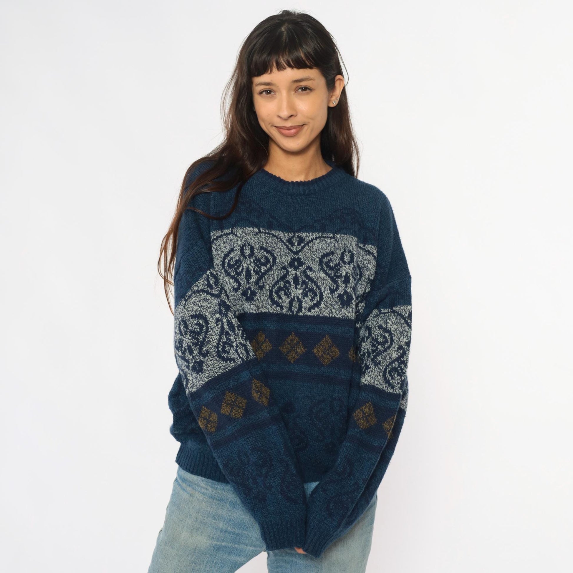 90s Fair Isle Sweater Navy White Gold Geometric Knit Crewneck Large L