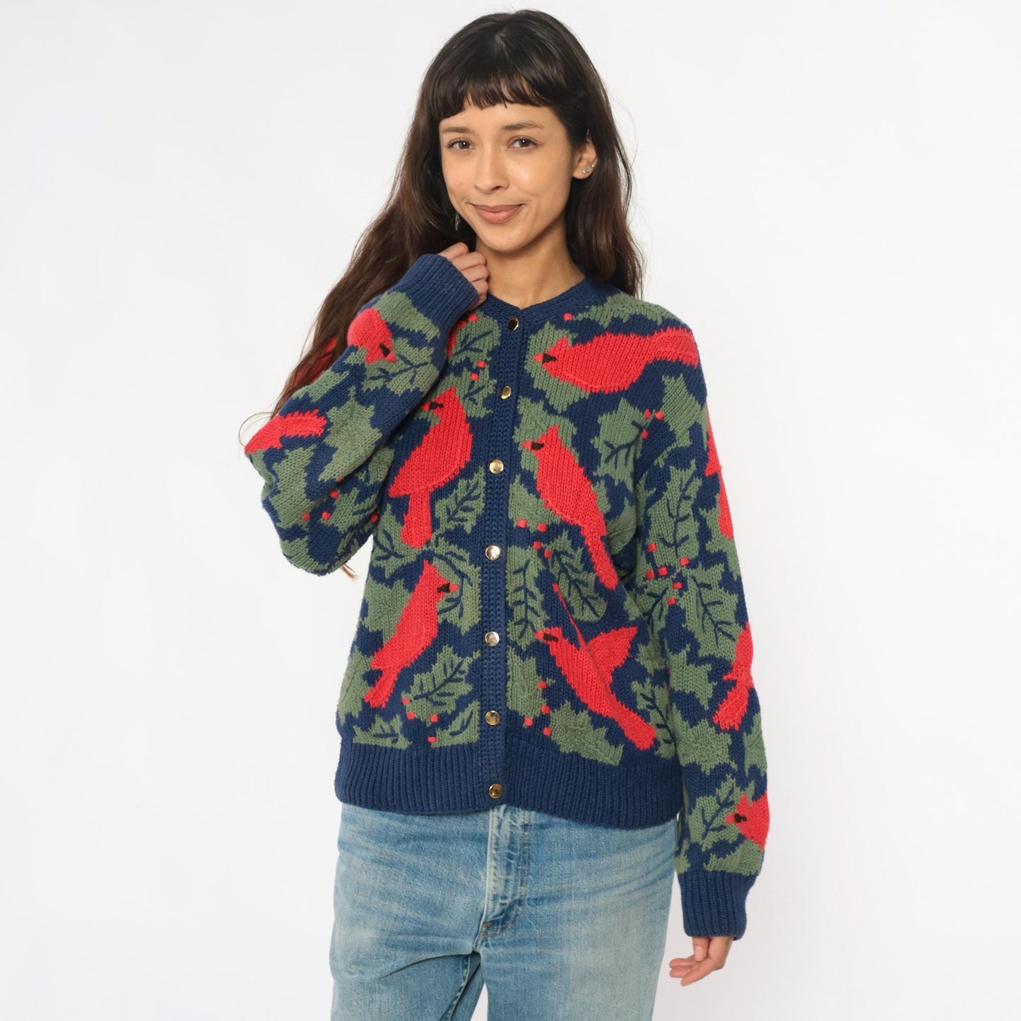 90s Orvis Cardinal Cardigan Navy Botanical Knit Large L
