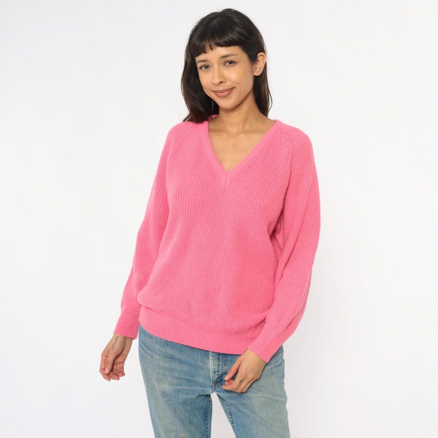 90s Pink V-Neck Sweater Ribbed Knit Pullover Jumper Large L