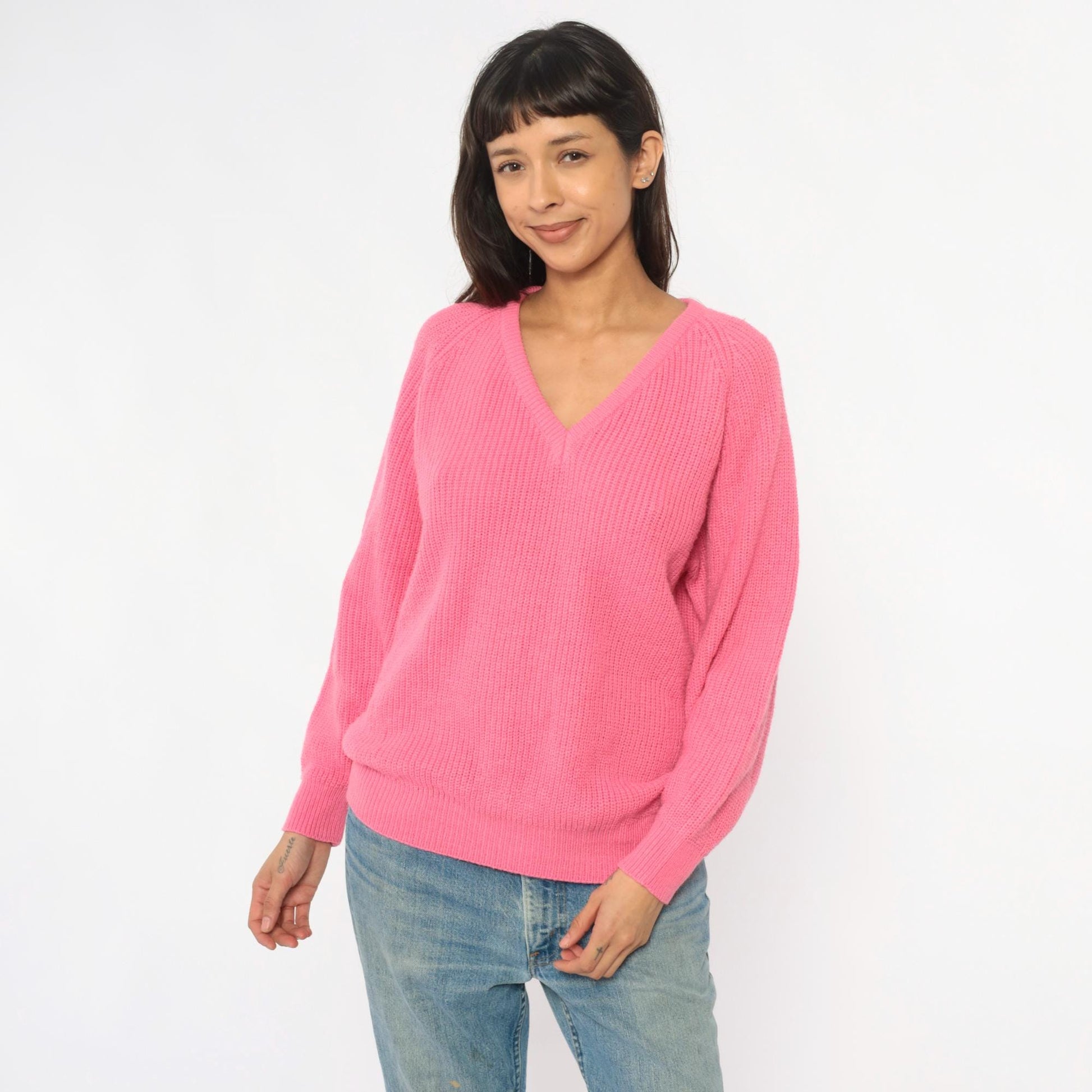 90s Pink V-Neck Sweater Ribbed Knit Pullover Jumper Large L