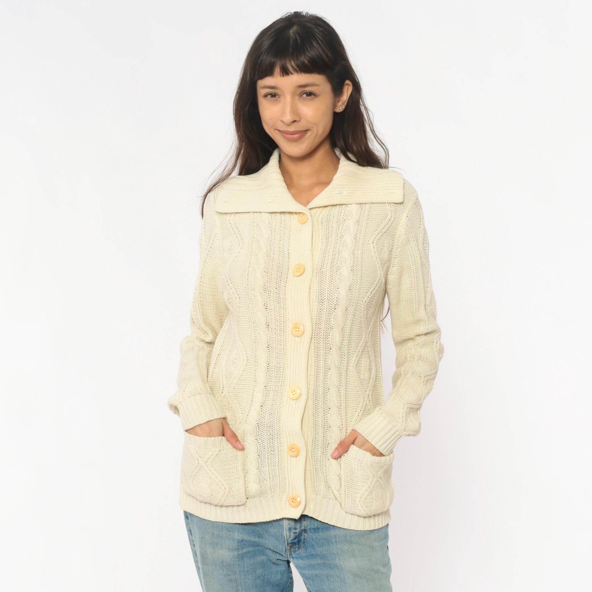 70s Cable Knit Cardigan Cream Shawl Collar Patch Pockets Small