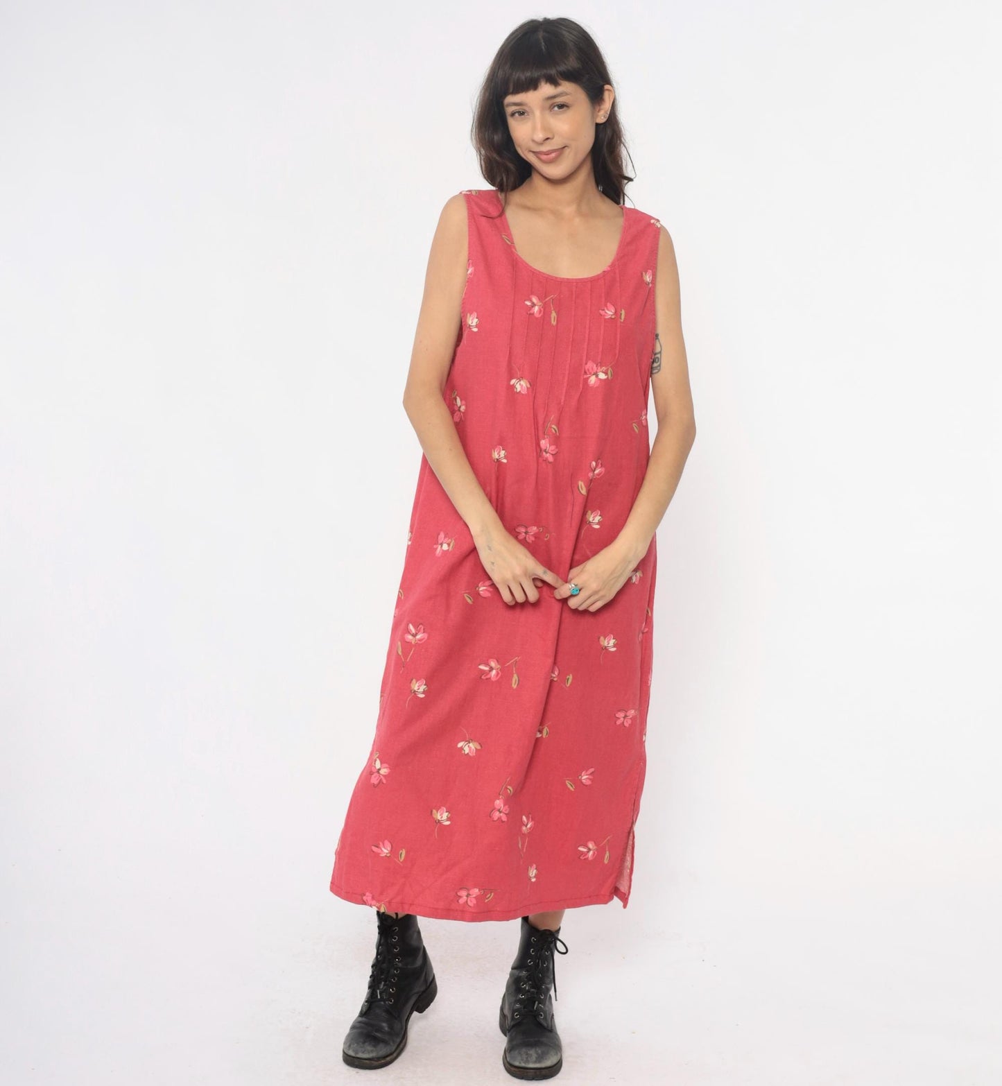 90s White Stag Floral Maxi Dress Pink Linen Cotton Blend Pintuck Medium M