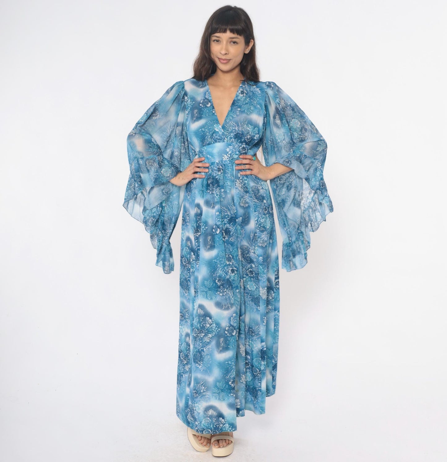 70s Blue Floral Angel Sleeve Maxi Dress Wrap Bodice Small Medium