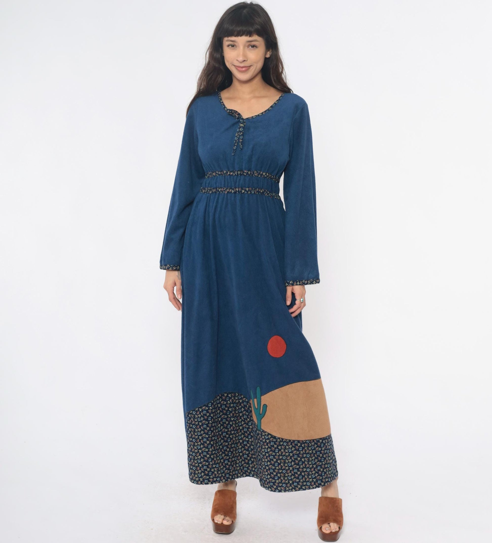 70s Blue Maxi Dress Empire Waist Desert Cactus Appliqué Long Sleeve Medium