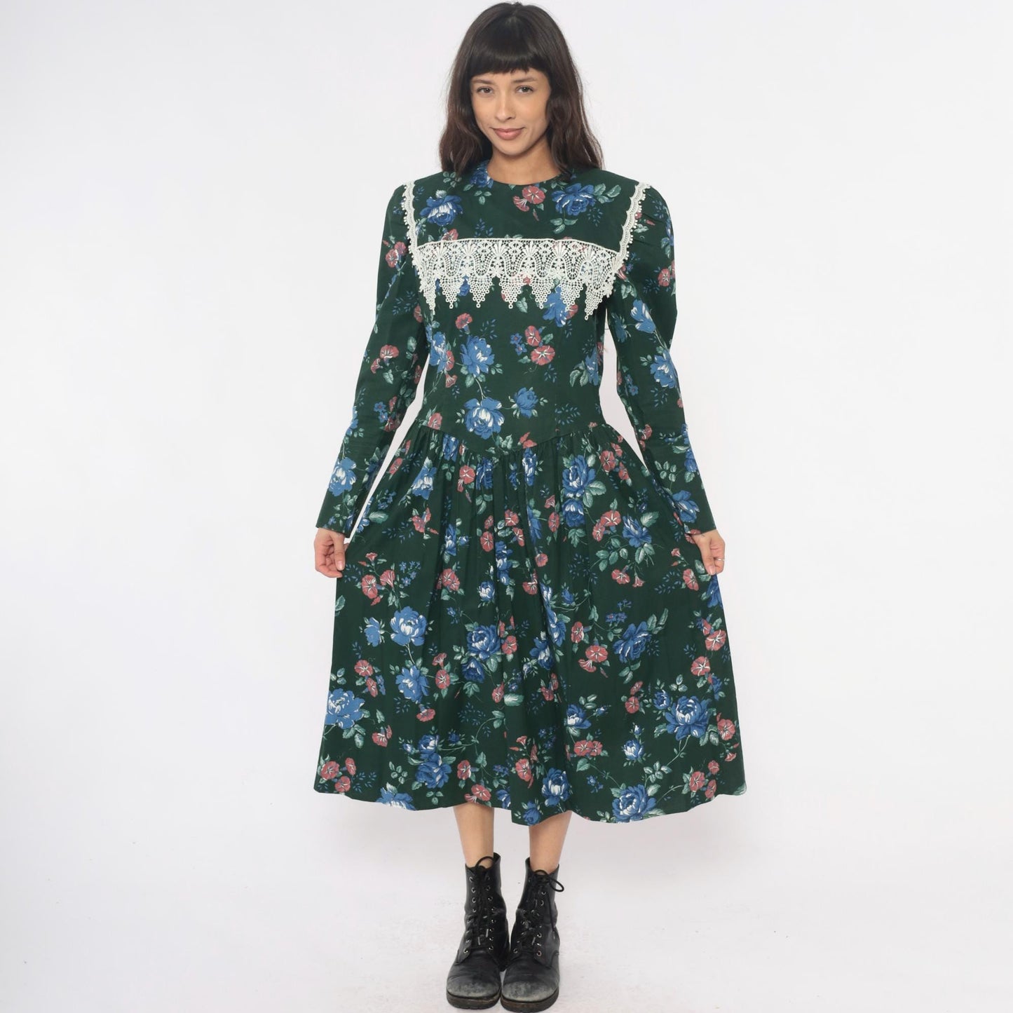 80s Jessica McClintock Gunne Sax Forest Green Floral Midi Dress Crochet Lace Medium M
