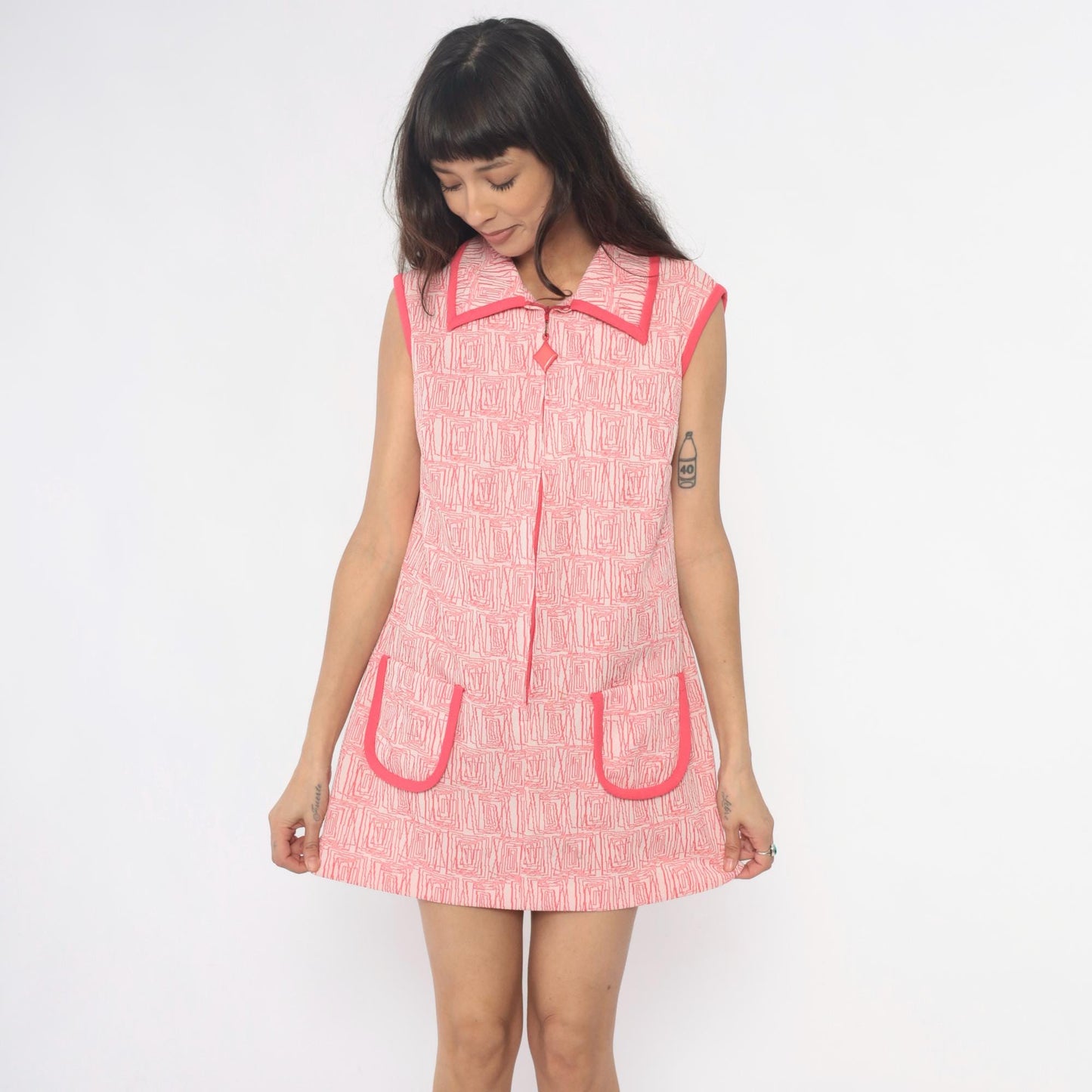 60s Pink Mod Mini Dress White Geometric Collared Zip Front Medium