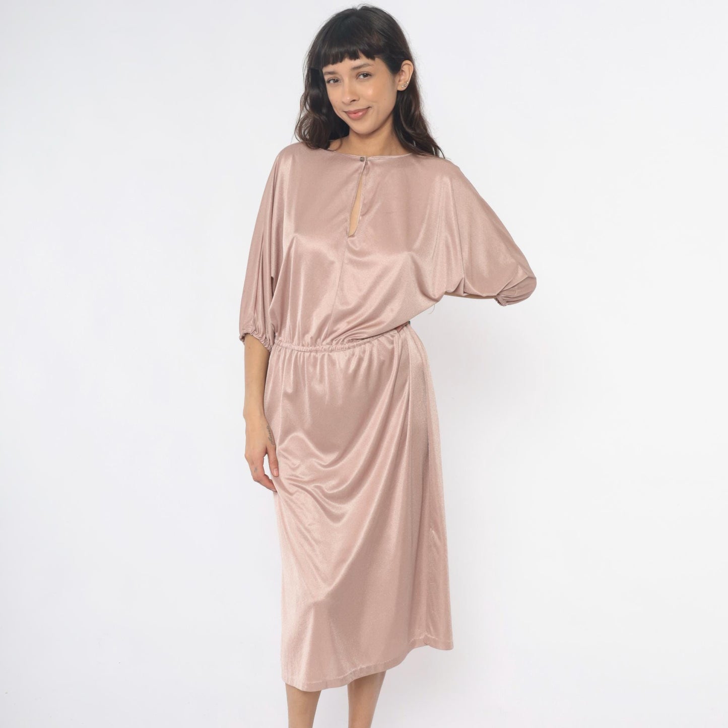 70s Blush Pink Satin Midi Dress Dolman Sleeve Keyhole Back Medium