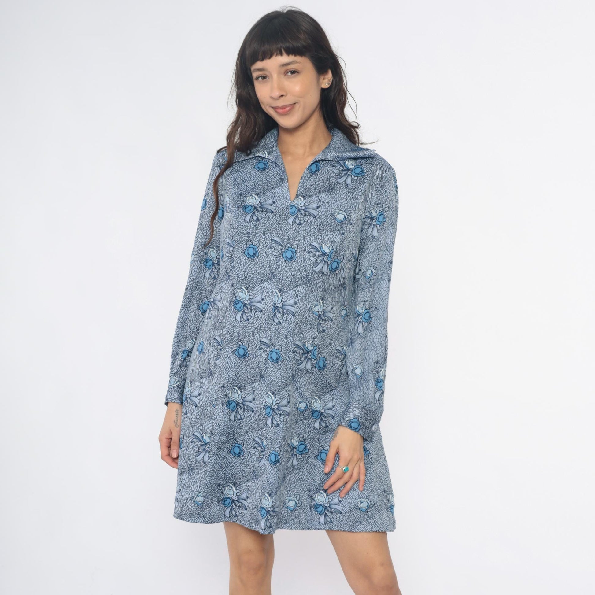 70s Blue-Gray Floral Bow Shirt Dress Pointed Collar Knee-Length Large