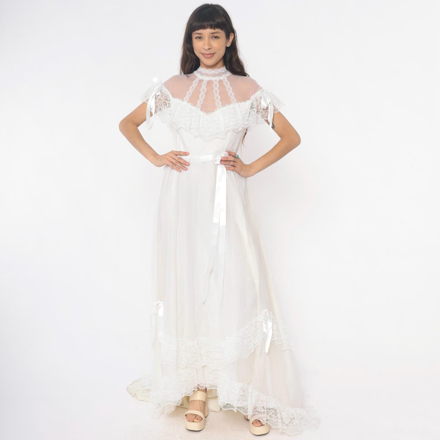 80s White Lace Maxi Nightgown Sheer High Neck Satin Ribbon Medium
