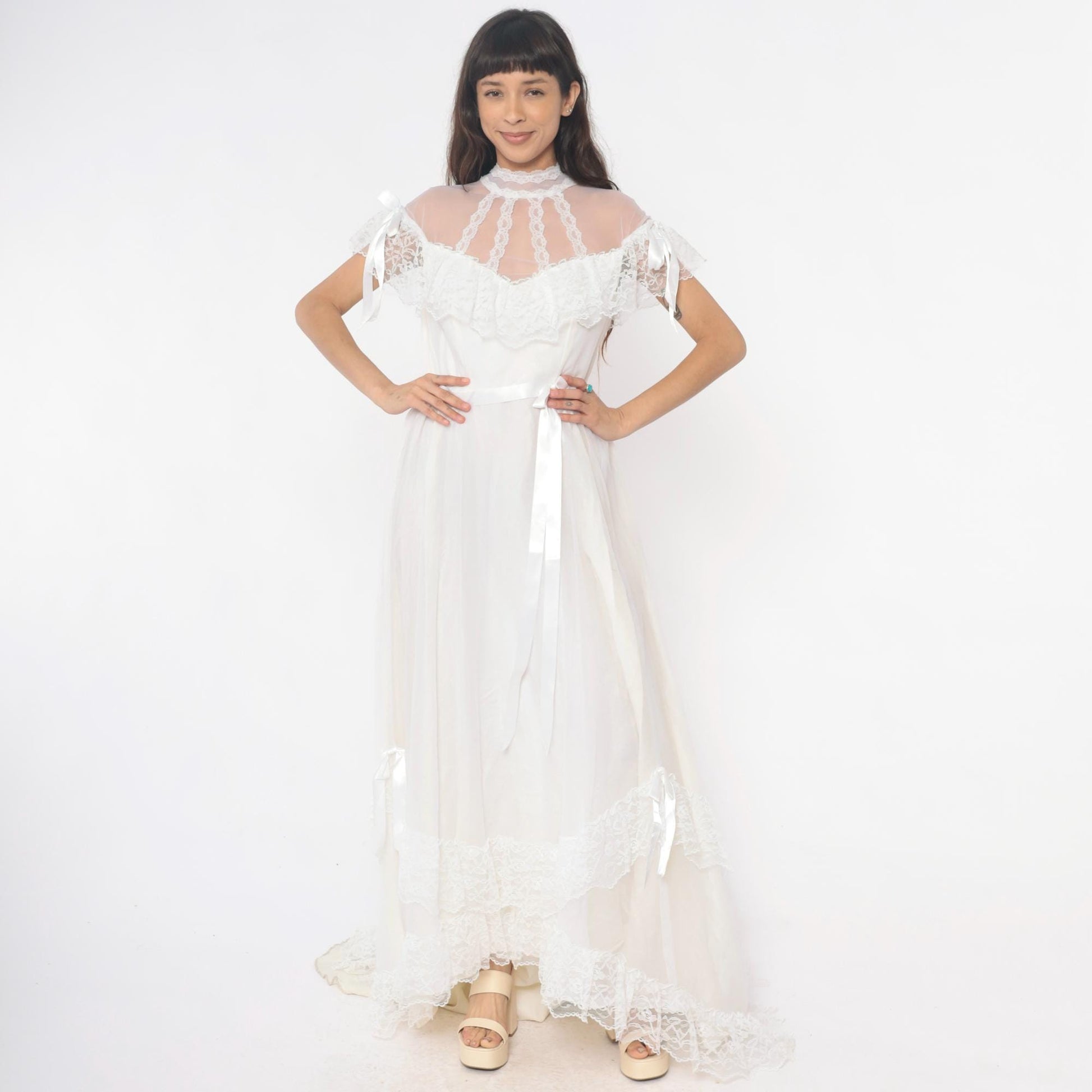 80s White Lace Maxi Nightgown Sheer High Neck Satin Ribbon Medium
