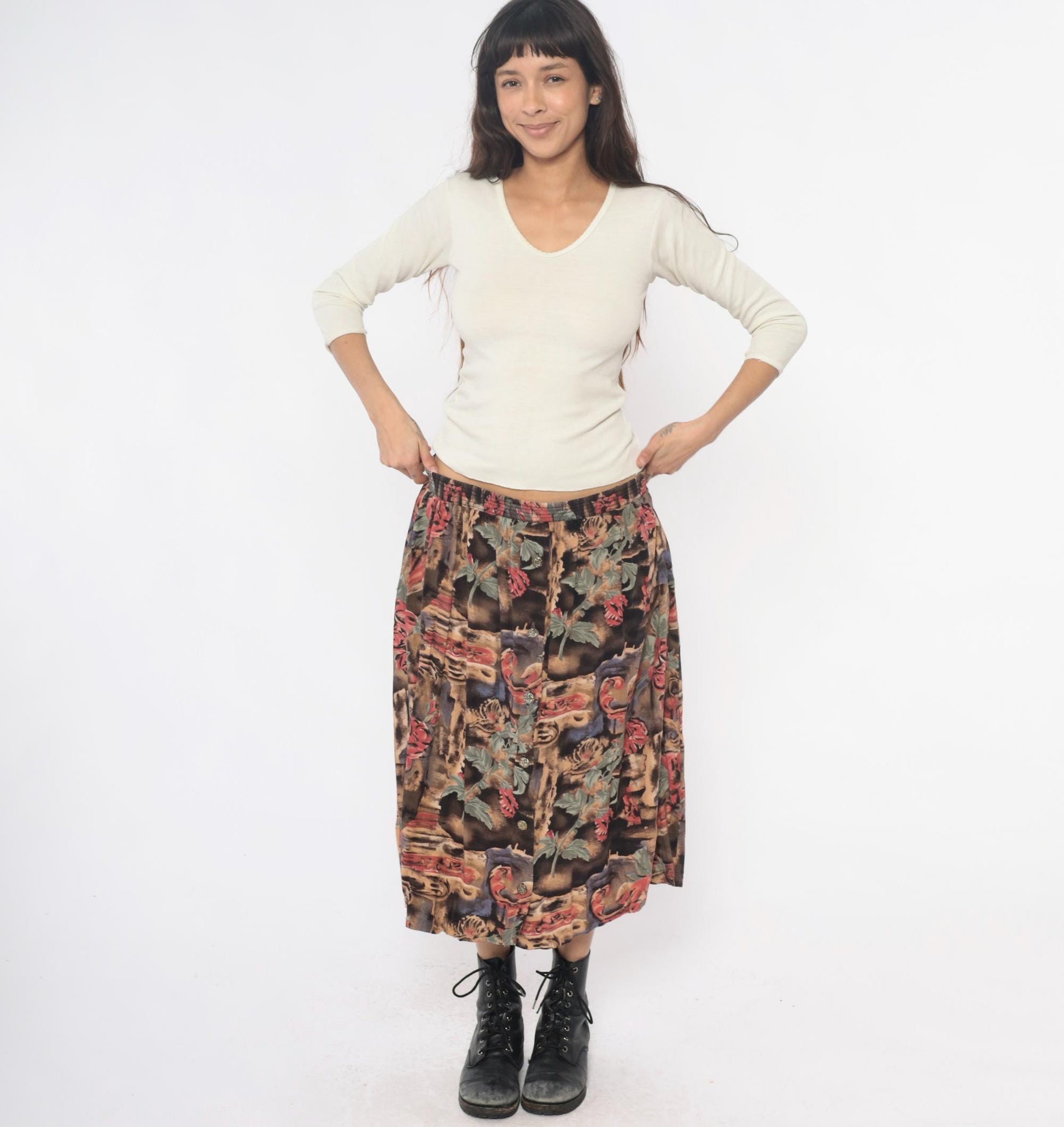90s Floral Animal Print Midi Skirt Pink Green Brown Rayon Medium Large