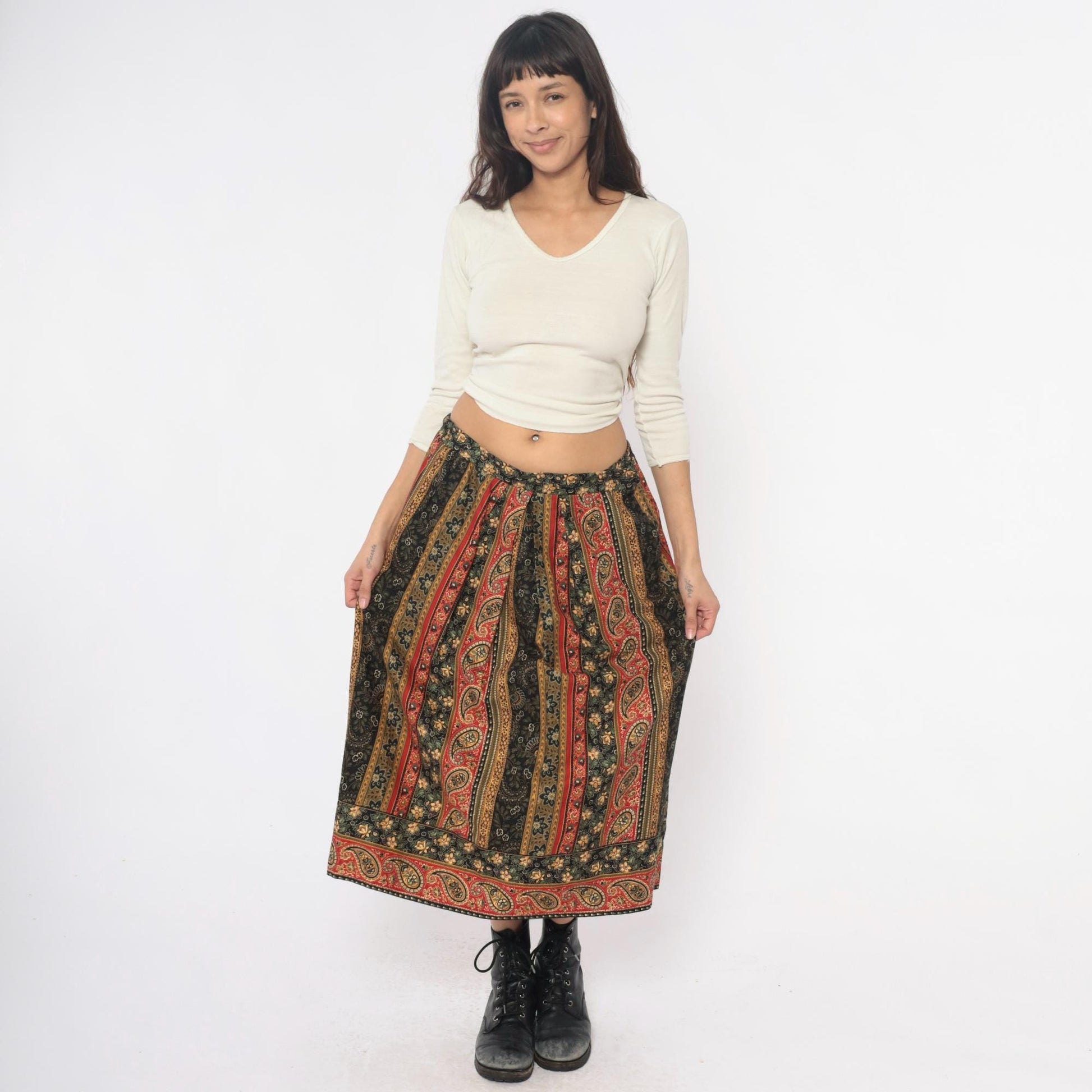 90s Suttles an Seawinds Midi Skirt Paisley Floral Stripe Elastic Waist Large