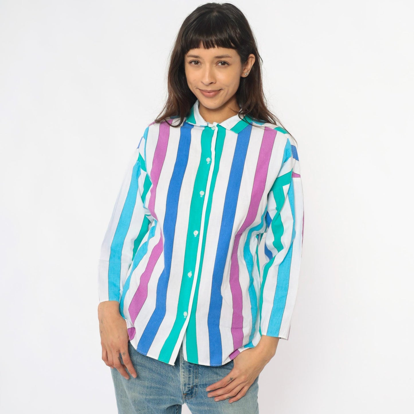 80s Avon Fashions Striped Cotton Blouse Vertical Stripes Purple Blue Small S