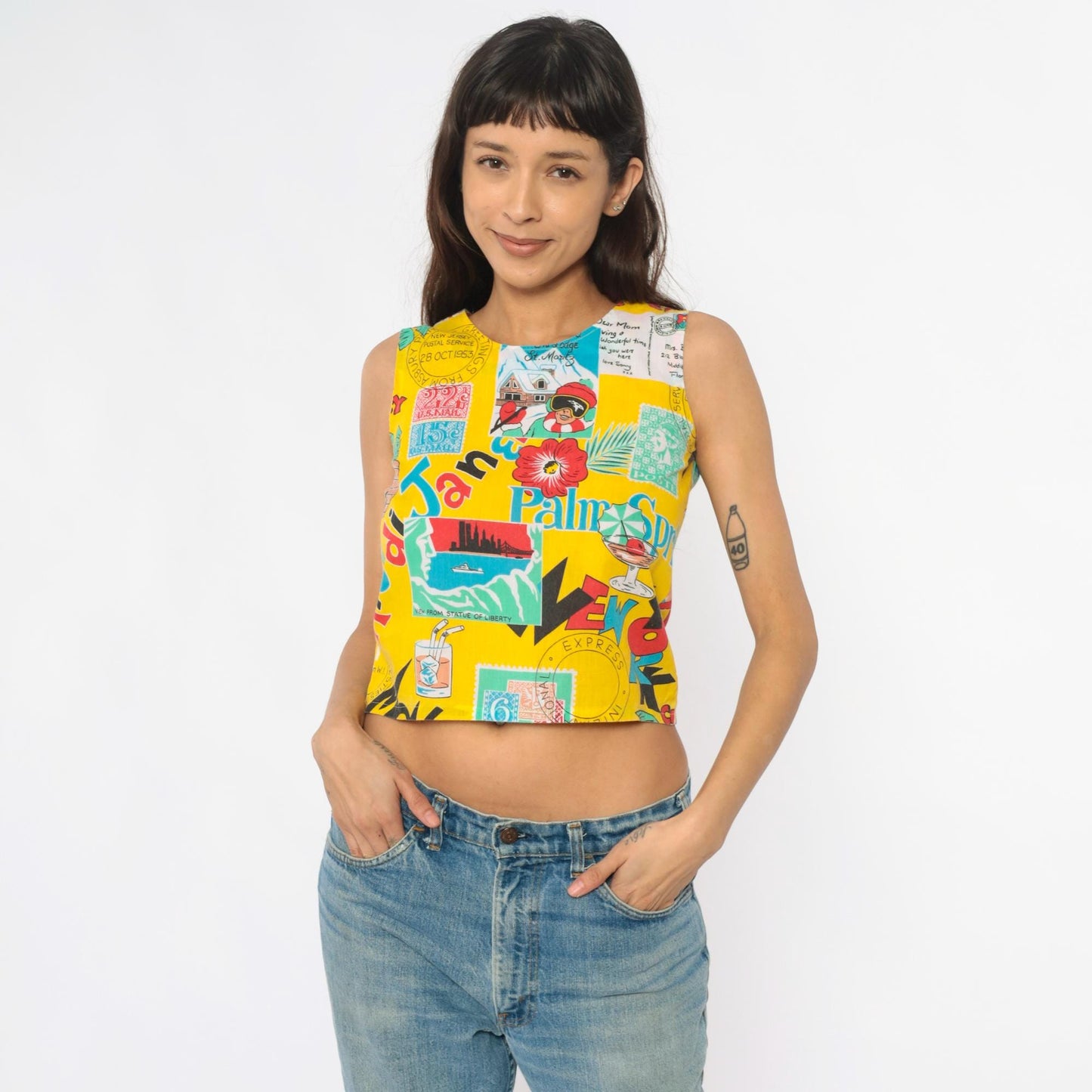 90s Yellow Crop Tank Postcard Print Novelty Sleeveless Top Extra Small XS