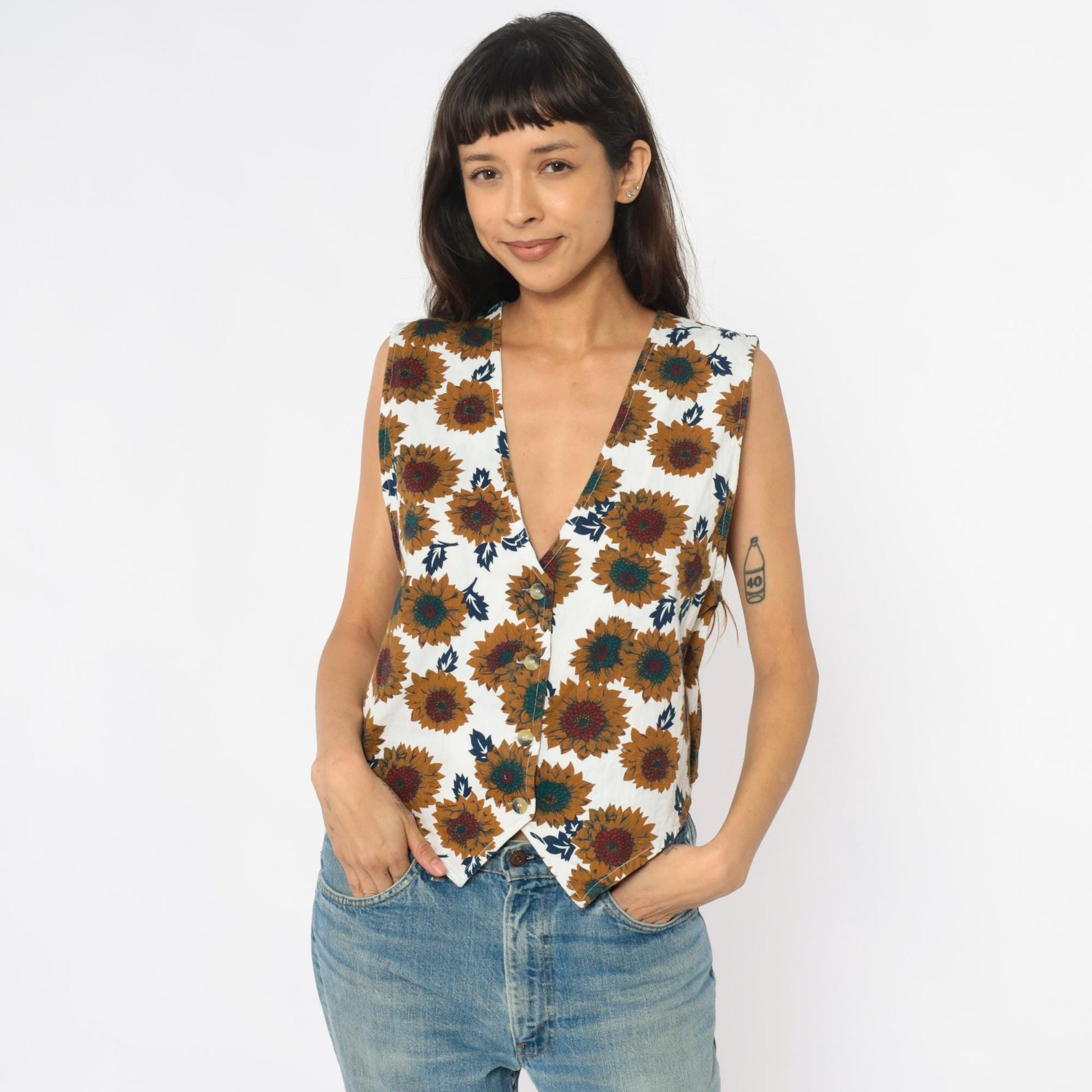 90s Carolina Colours Sunflower Floral Cotton Vest Cream Medium M