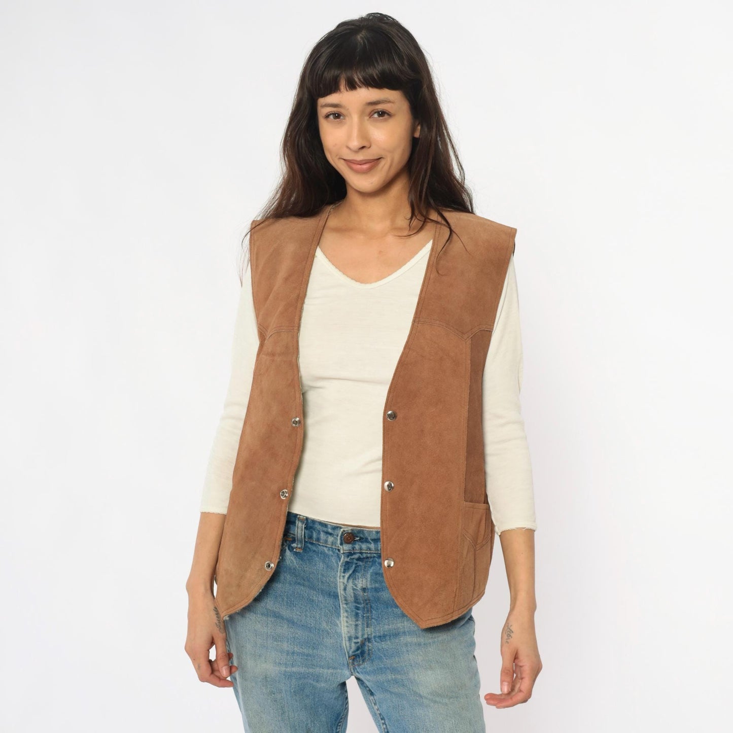 80s Brown Suede Vest Shearling Lined Snap Button Western Waistcoat Large L