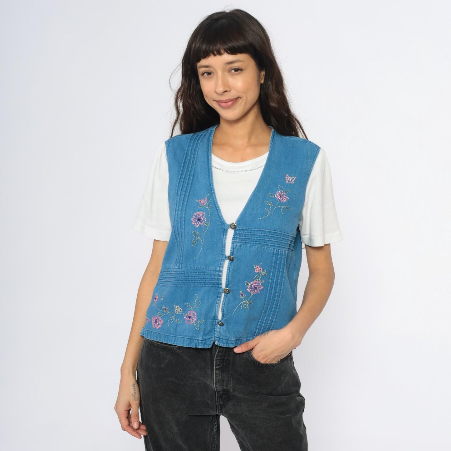 90s Blue Denim Vest Embroidered Floral Button Front Pintuck Small S