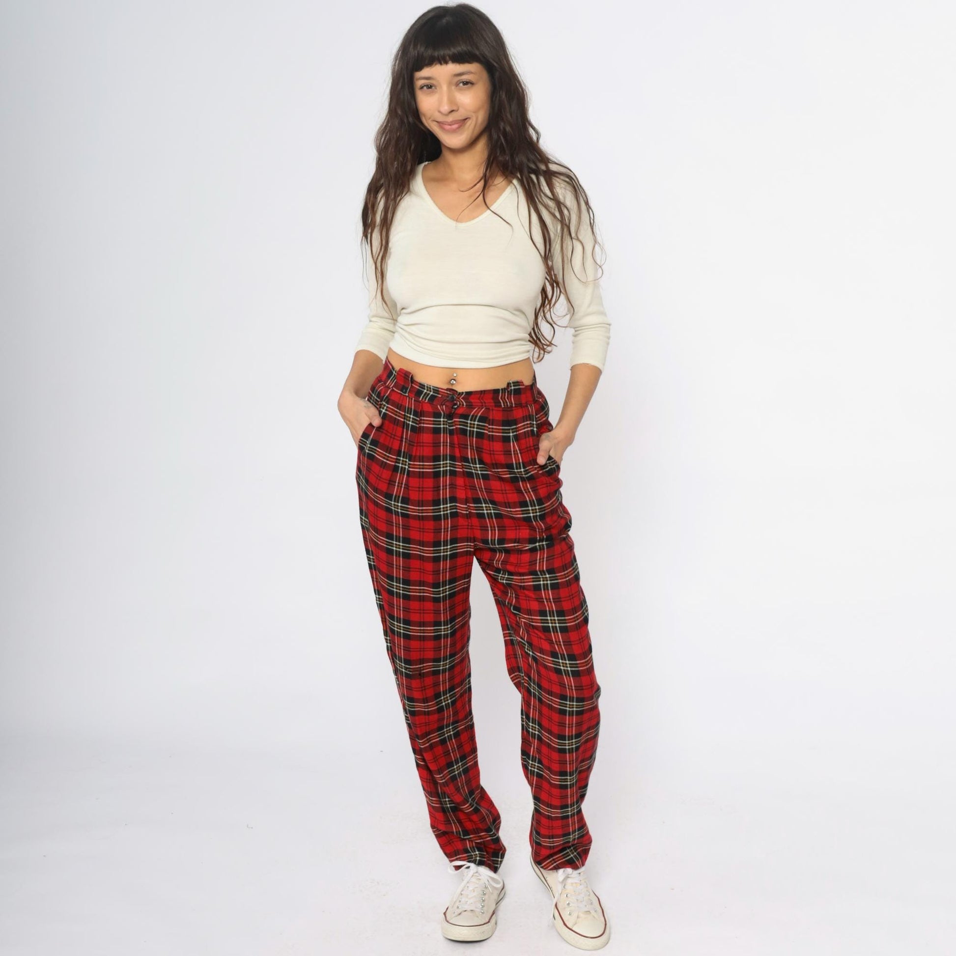 90s Chinicci Red Tartan High-Waist Pleated Trousers Medium