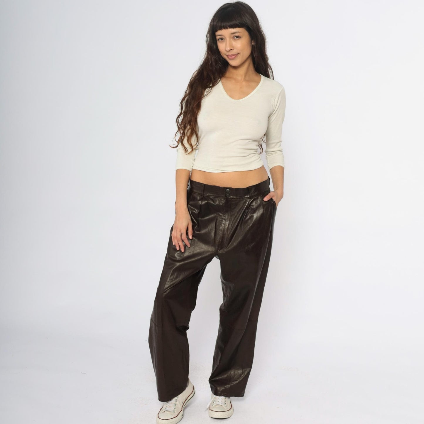 90s Sara Edan Leather Pants Brown High Rise Wide Leg Pleated 36x28