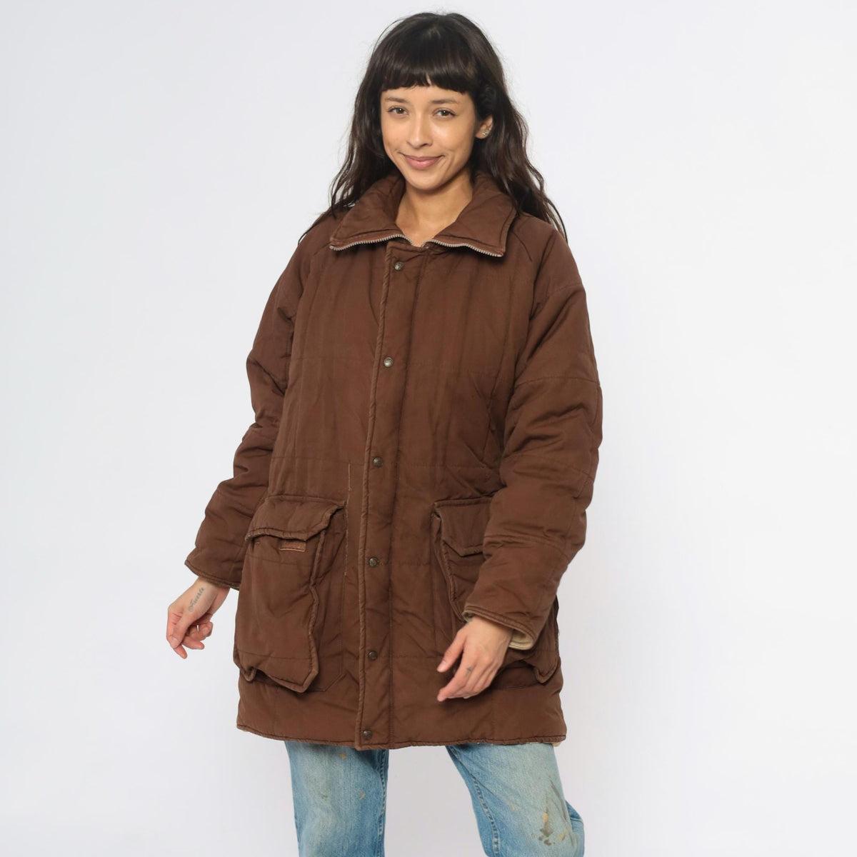 80s REI Brown Quilted Puffer Jacket Corduroy Collar Zip Large