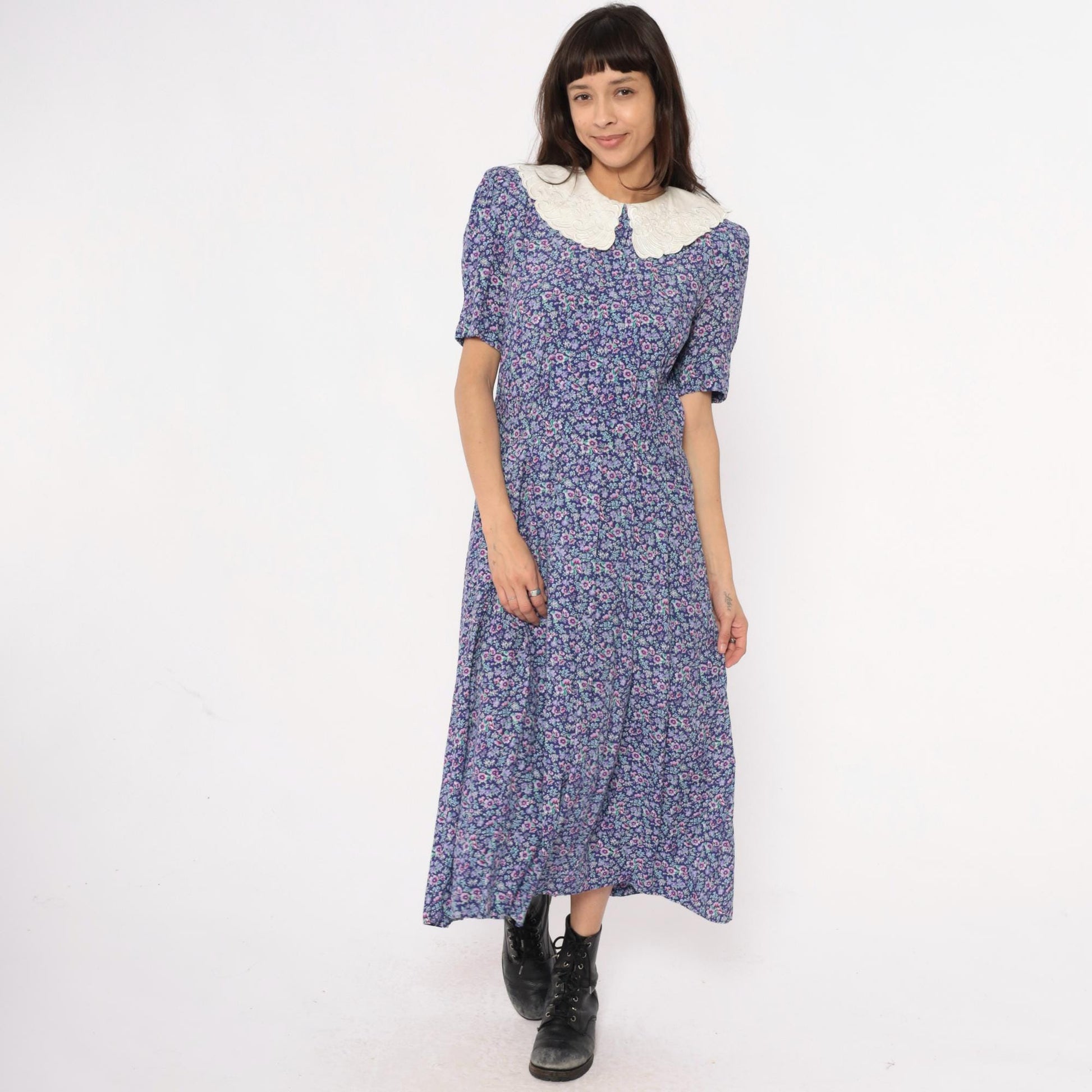 90s Karin Stevens Floral Maxi Dress Peter Pan Collar Purple Medium
