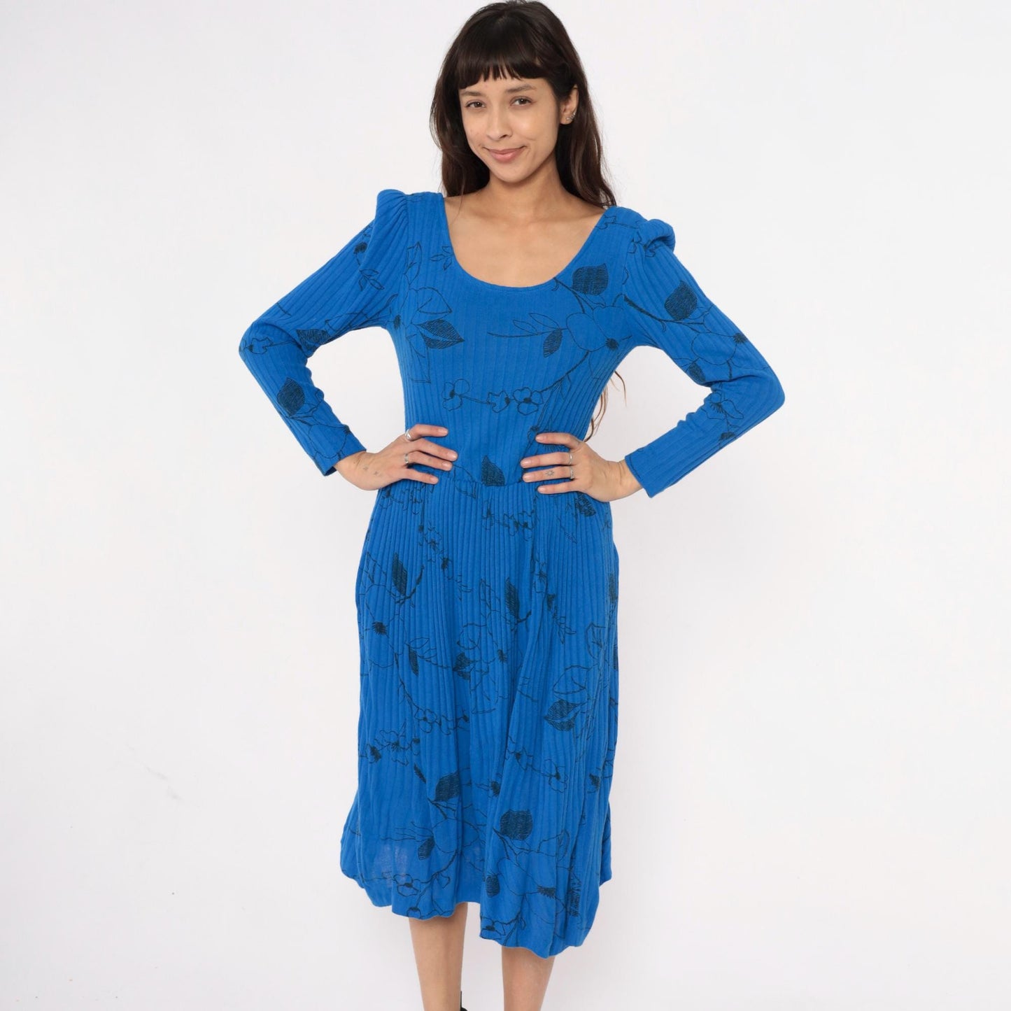 80s Blue Floral Midi Dress Gathered Shoulder Scoop Neckline Small