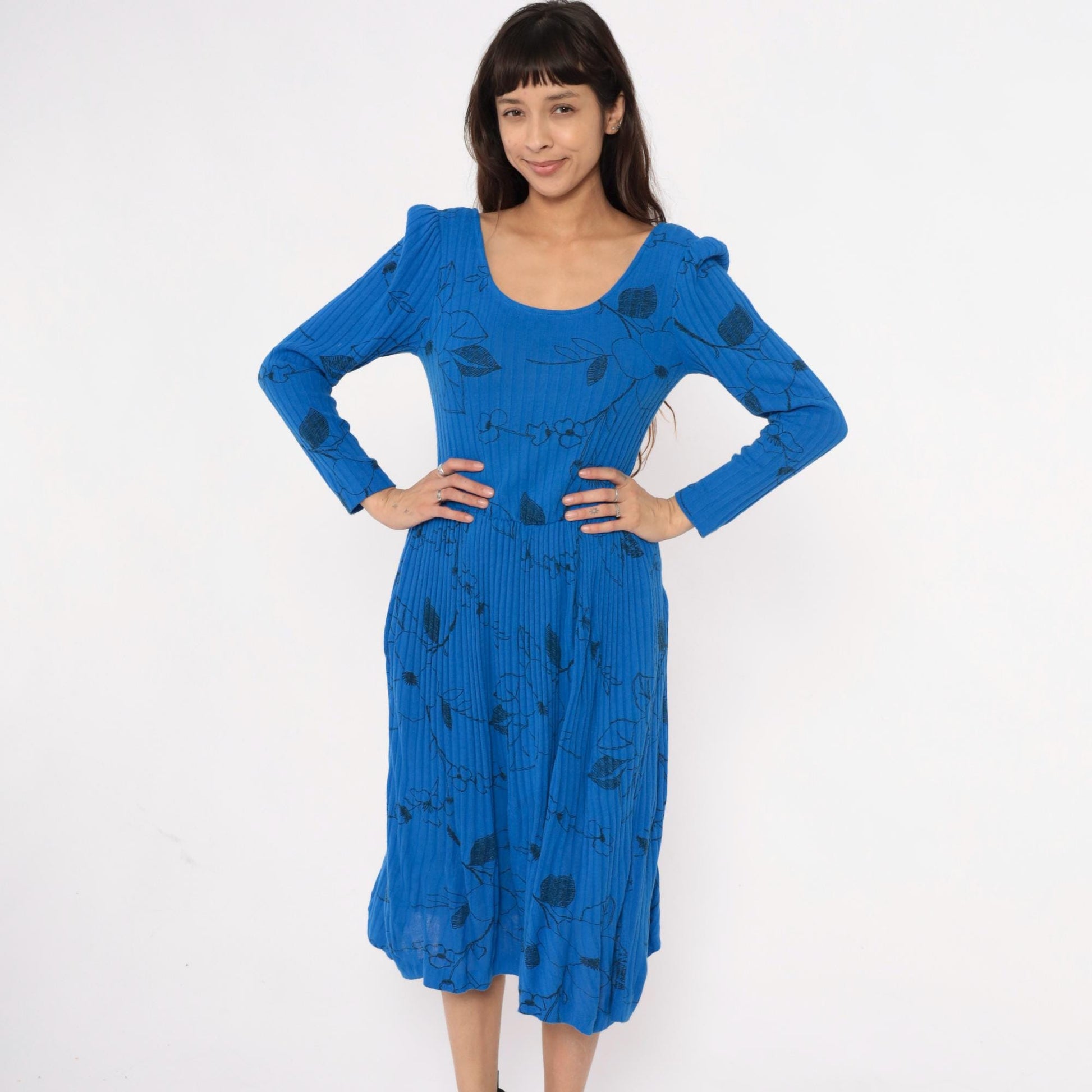 80s Blue Floral Midi Dress Gathered Shoulder Scoop Neckline Small