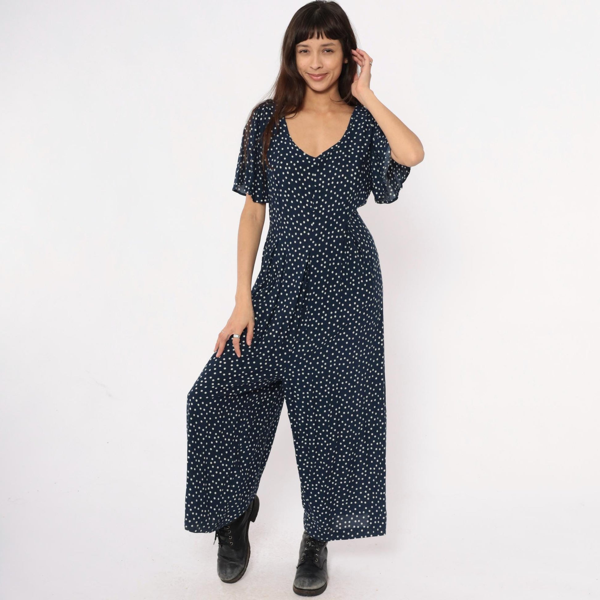 90s Navy Polka Dot Jumpsuit Wide Leg Rayon V-Neck Flutter Sleeve Large L