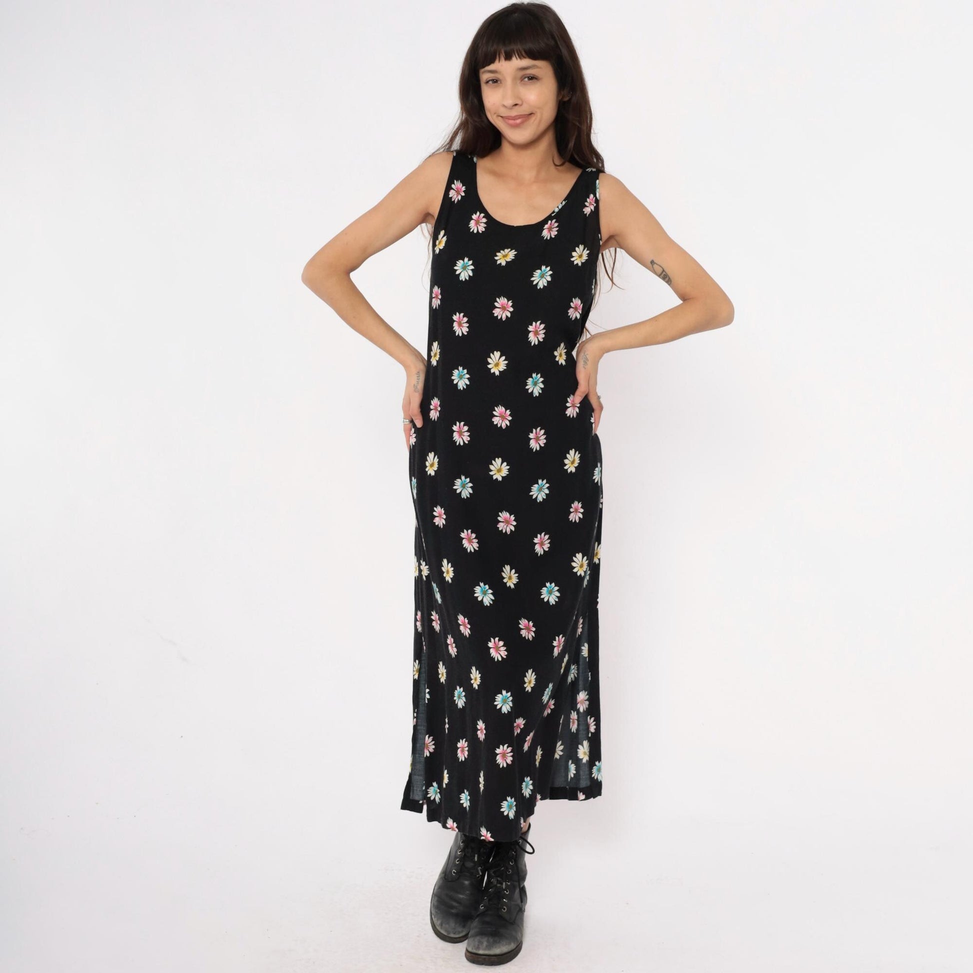 90s Daisy Print Black Maxi Dress Sleeveless Large – Shopexile