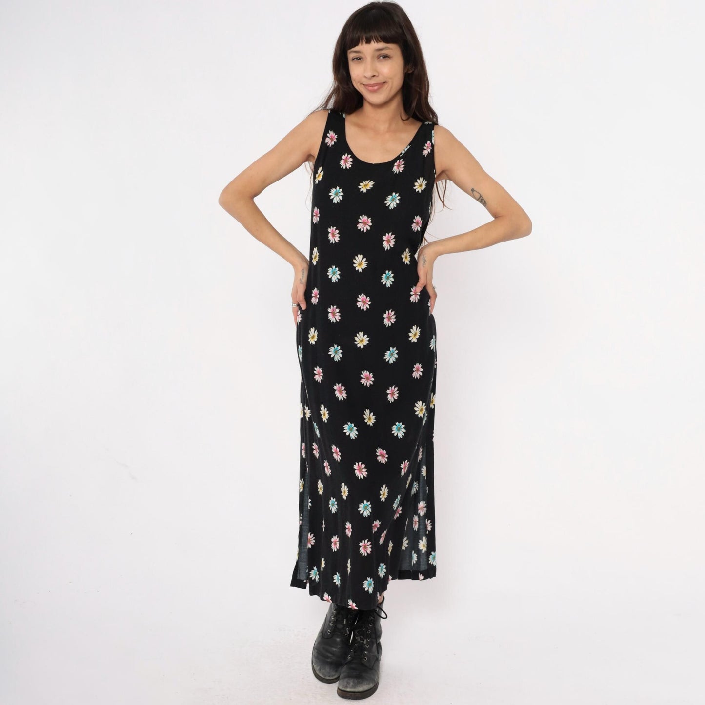 90s Daisy Print Maxi Dress Black Sleeveless Scoop Neck Large L