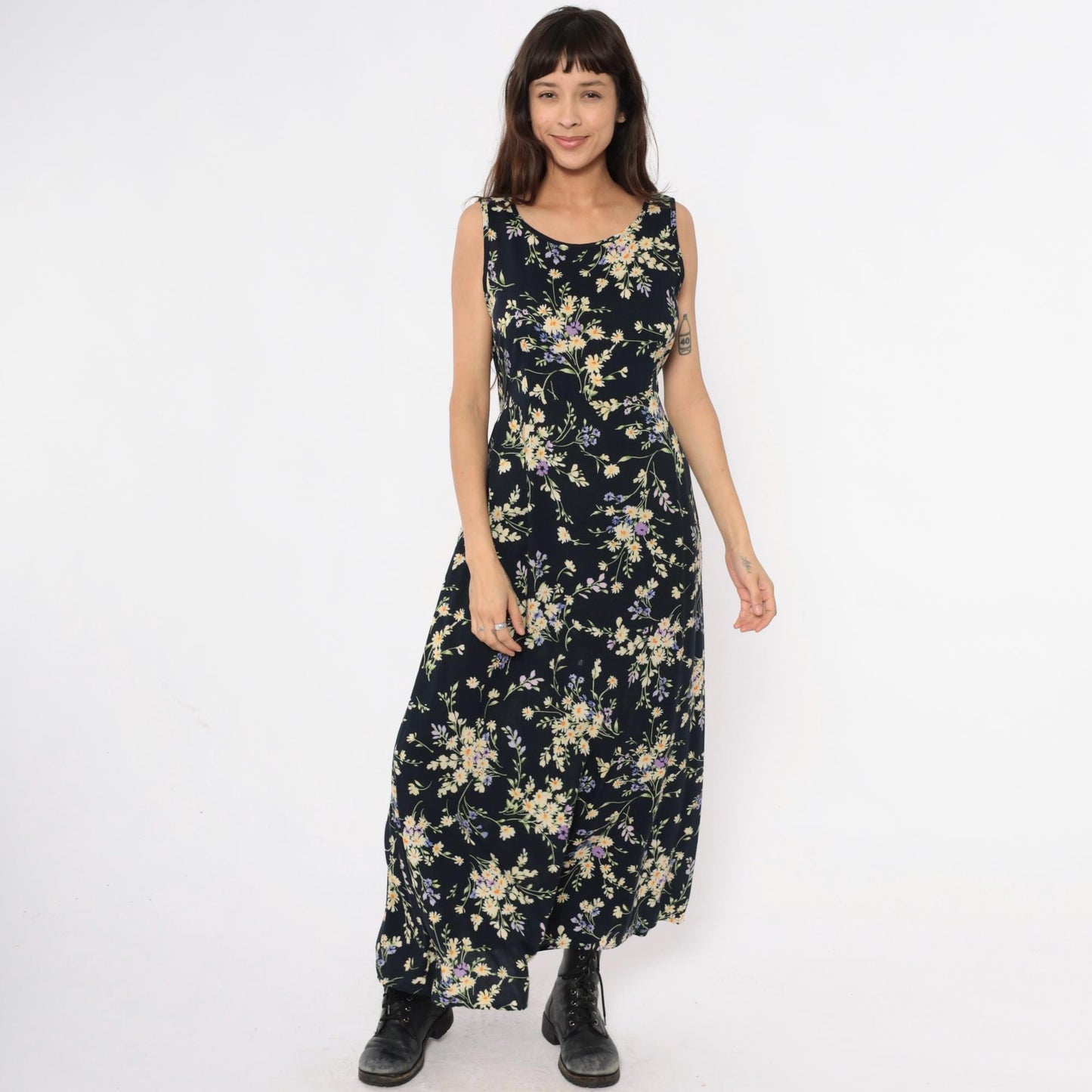 90s California Concepts Floral Maxi Dress Black Yellow Purple Daisy Sleeveless Large