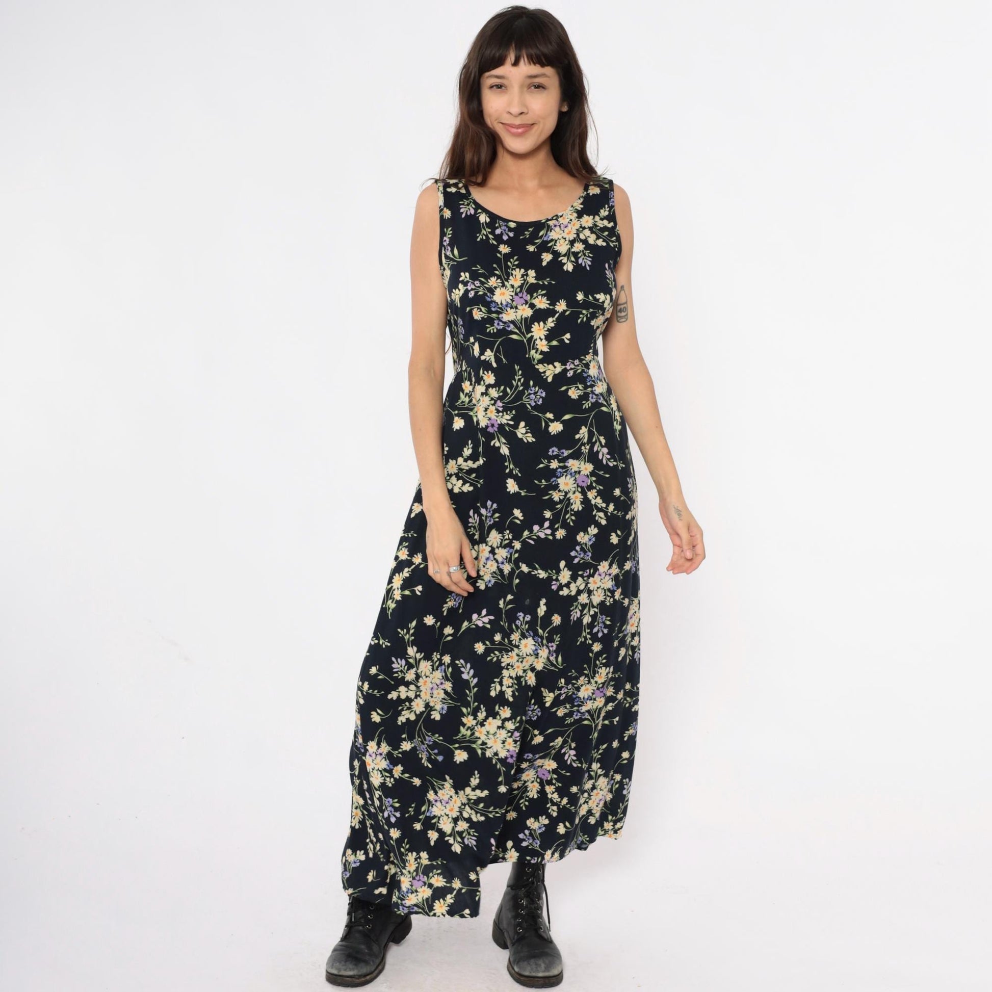 90s California Concepts Floral Maxi Dress Black Yellow Purple Daisy Sleeveless Large
